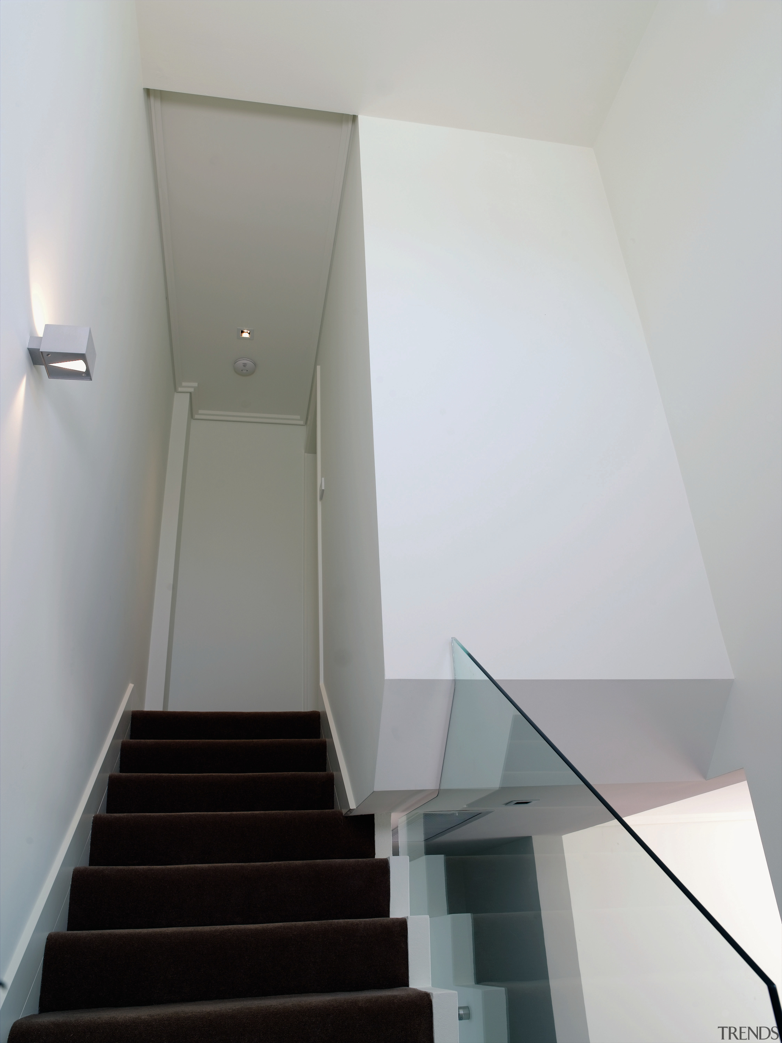 Stairway featuring partitions and wallboards - Stairway featuring architecture, daylighting, glass, handrail, house, interior design, product design, property, stairs, gray, white