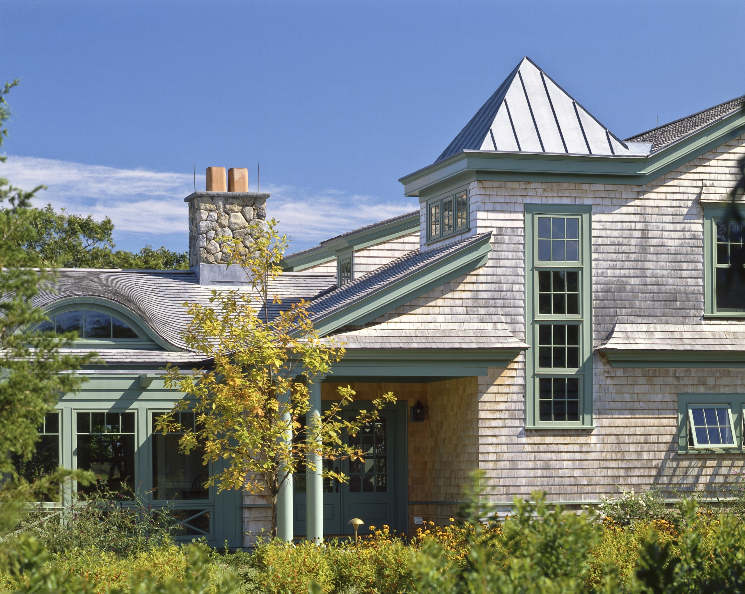 View of the house, shingle roof, shingle siding, architecture, building, cottage, estate, facade, farmhouse, home, house, mansion, plant, property, real estate, residential area, roof, siding, tree, window, teal