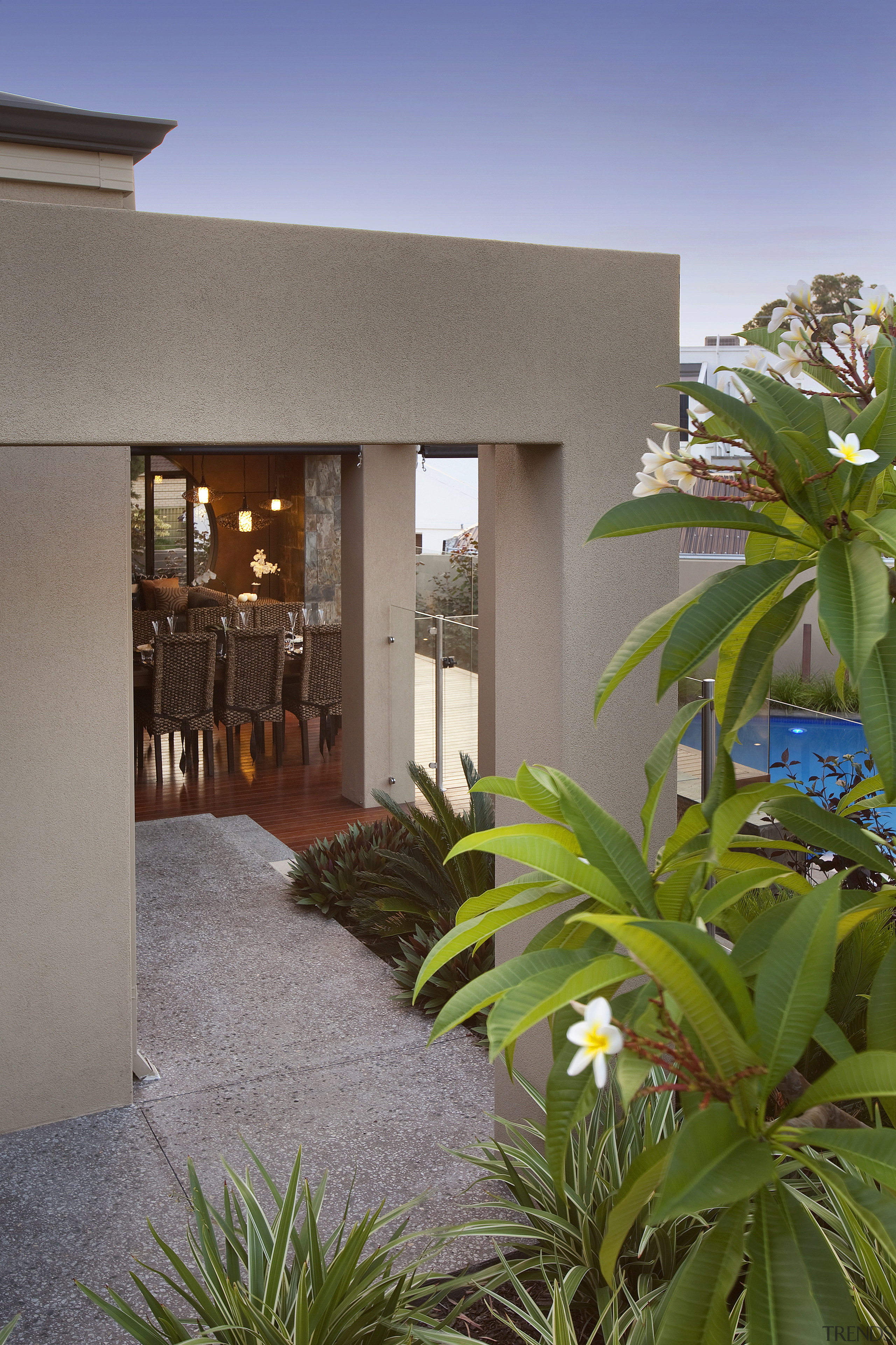 Exterior view of the pavilion with landscaping and apartment, architecture, arecales, estate, home, house, palm tree, property, real estate, resort, window, gray, brown