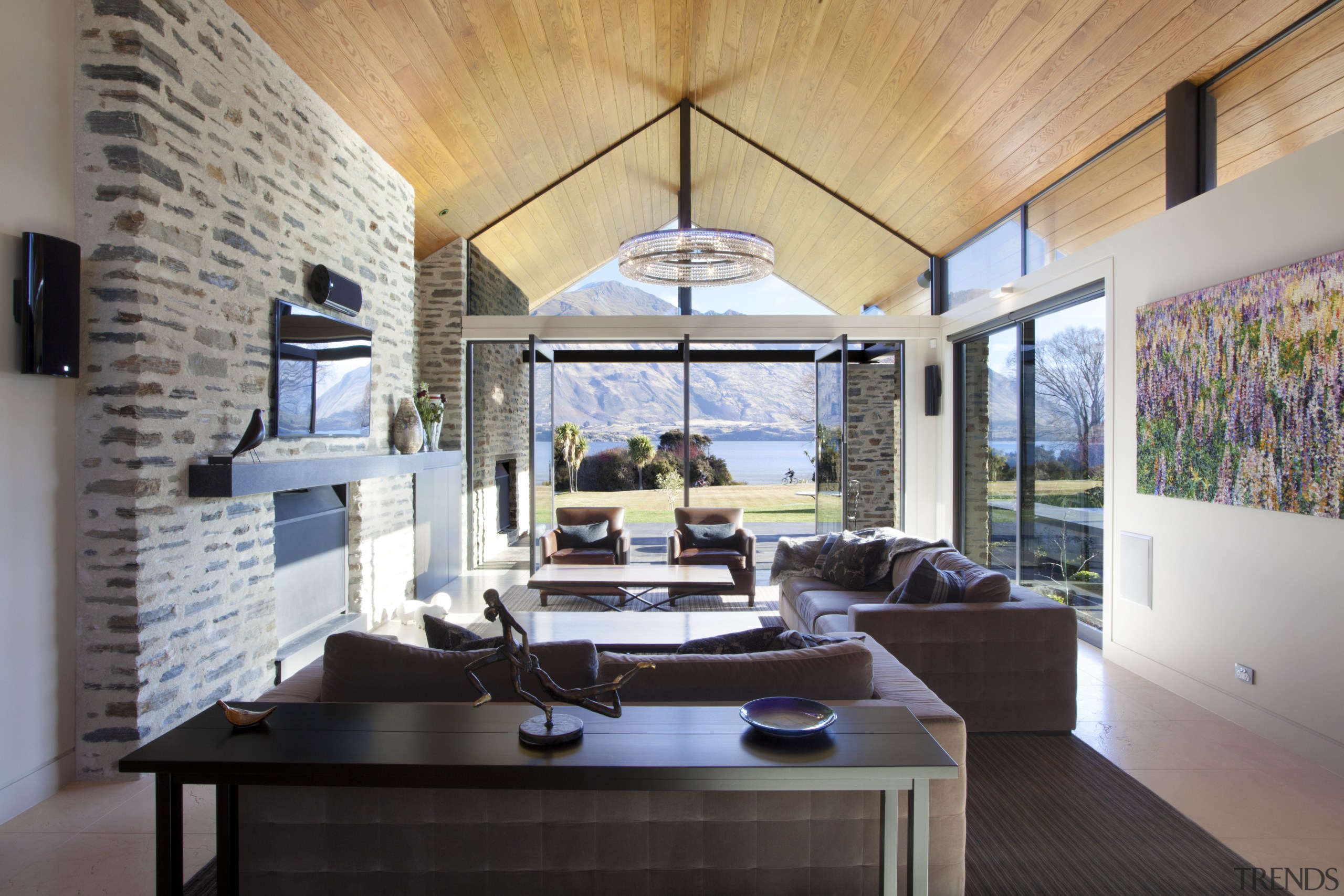 pointed timber roof, dark coloured fabrics in living ceiling, interior design, living room, real estate, gray