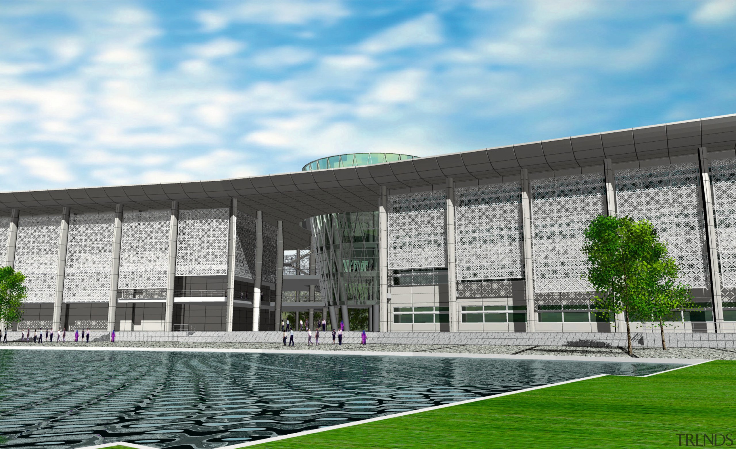 Exterior view of the new asian institute of architecture, building, campus, convention center, corporate headquarters, daytime, facade, grass, headquarters, sport venue, structure, white