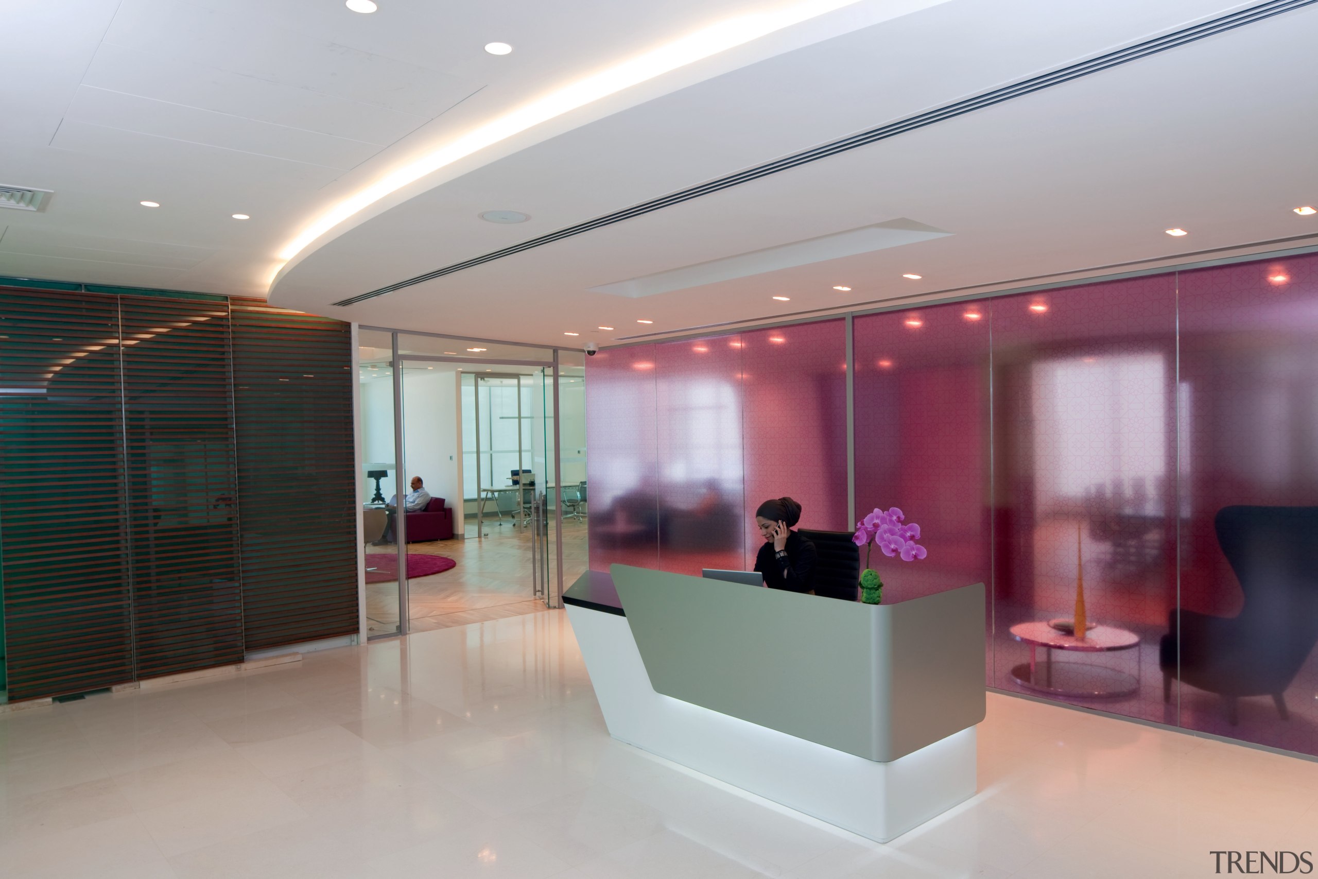 The new Zain headquarters in Bahrain reflects the ceiling, glass, interior design, lobby, gray