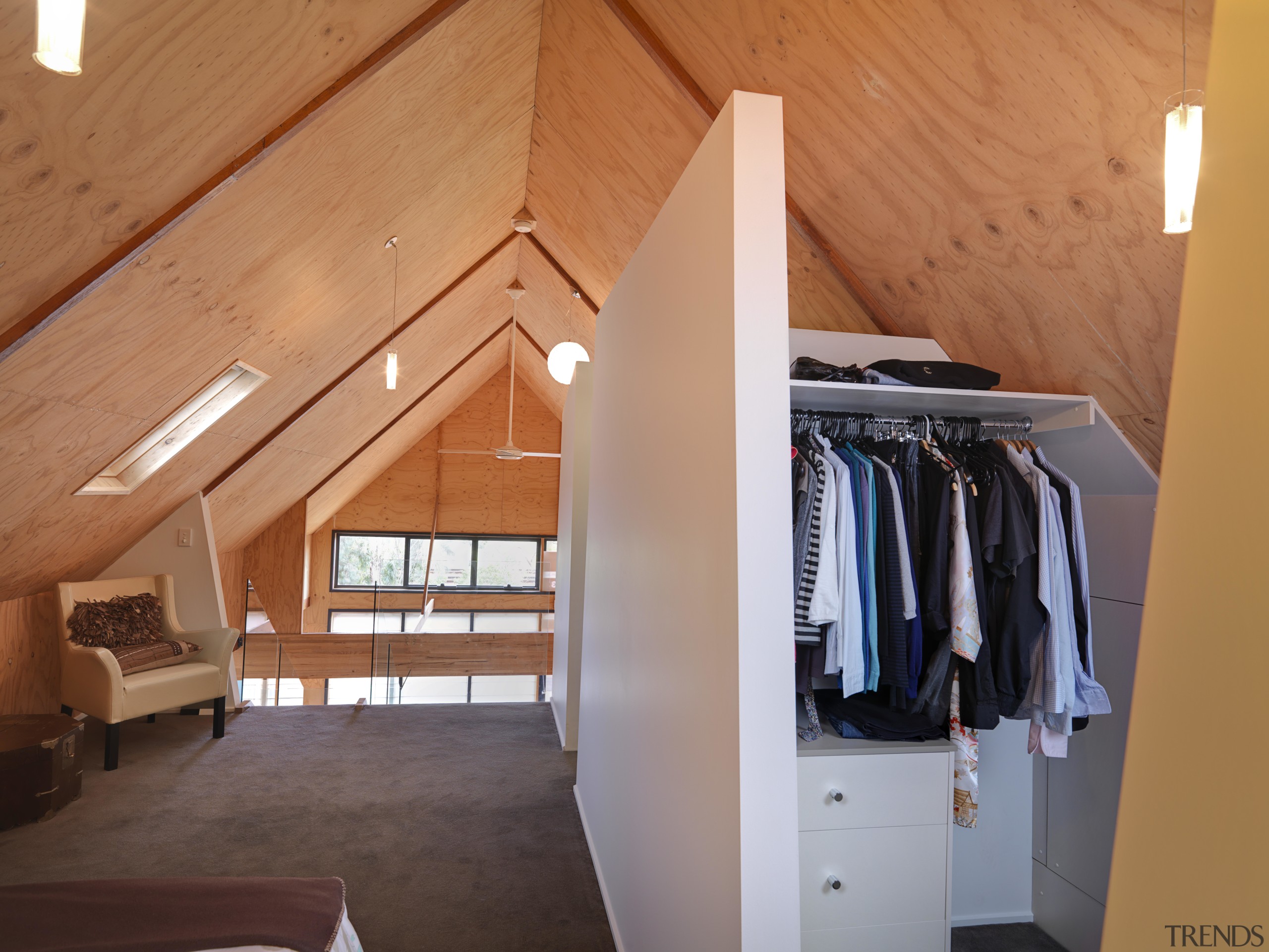 View of bathroom suite with angled openings - attic, ceiling, floor, flooring, home, interior design, real estate, room, wood, orange