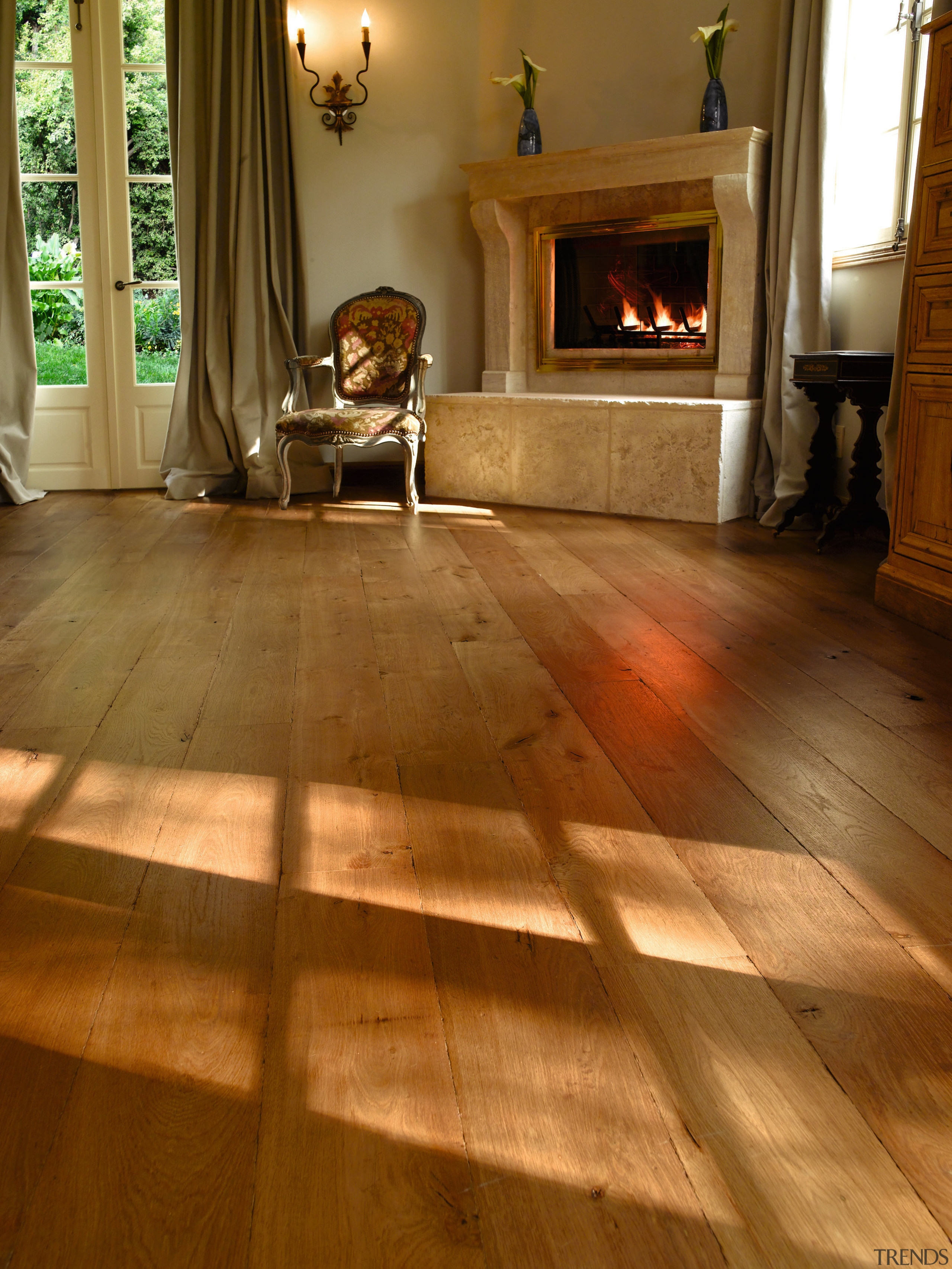 A view of the aged french oak wood floor, flooring, hardwood, home, interior design, laminate flooring, living room, wood, wood flooring, wood stain, brown