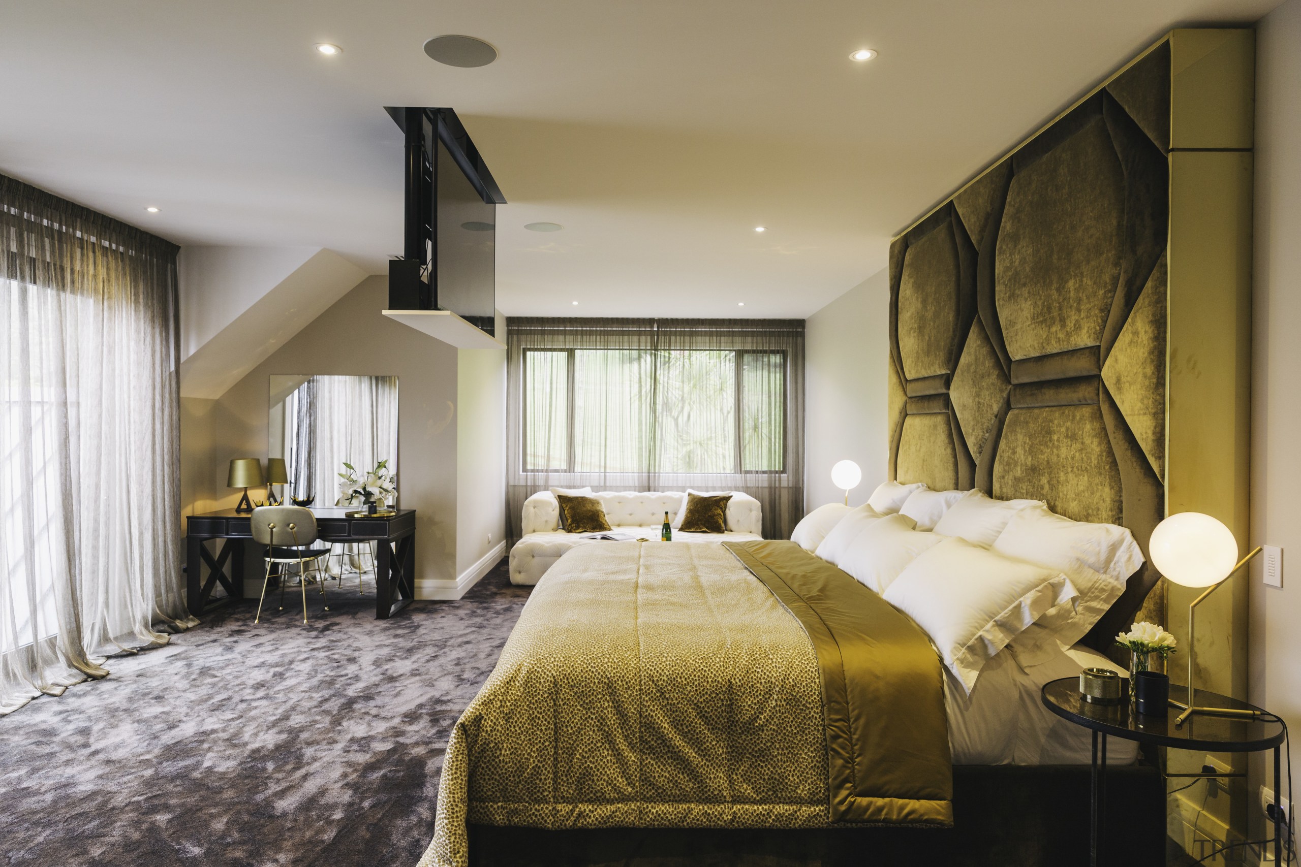 Luxury on high  reached by a sweeping bedroom, ceiling, hotel, interior design, real estate, room, suite, gray, orange