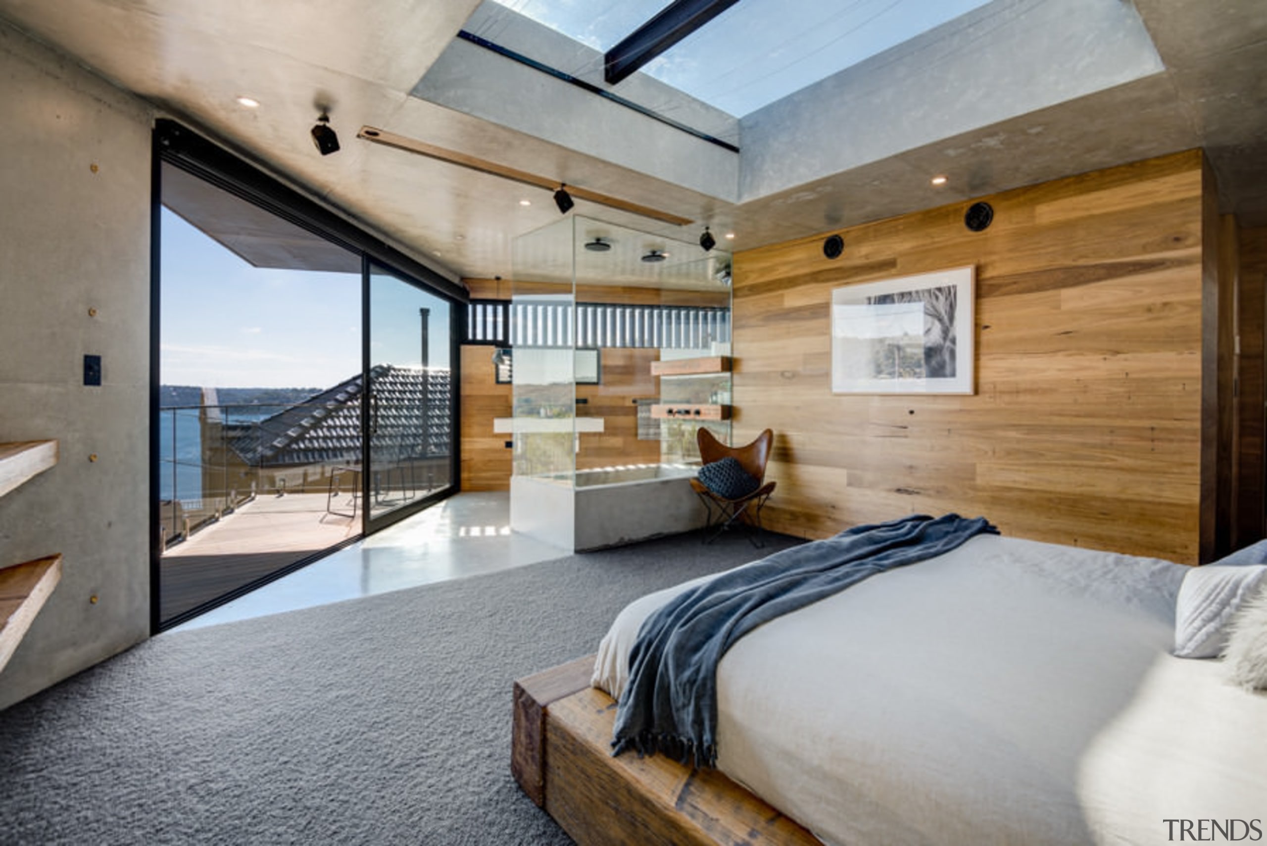 This master bedroom features ample glass, allowing natural architecture, bedroom, ceiling, house, interior design, real estate, wood, gray