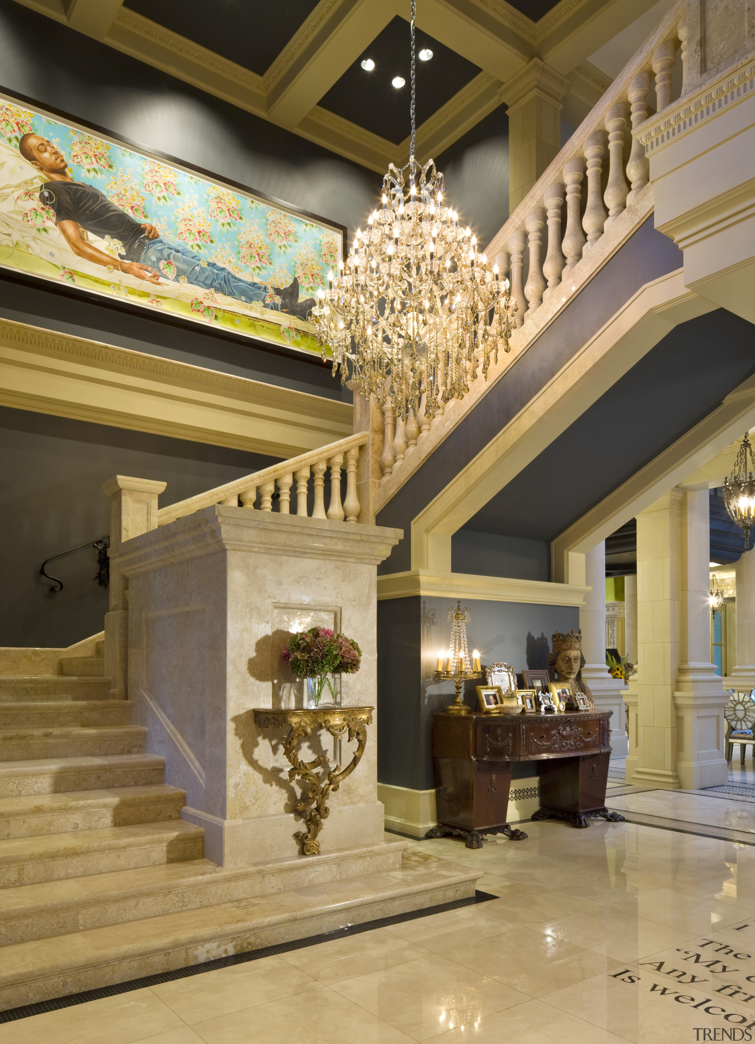 Smoky blue walls contrast with the marble and ceiling, estate, interior design, lobby, orange, brown