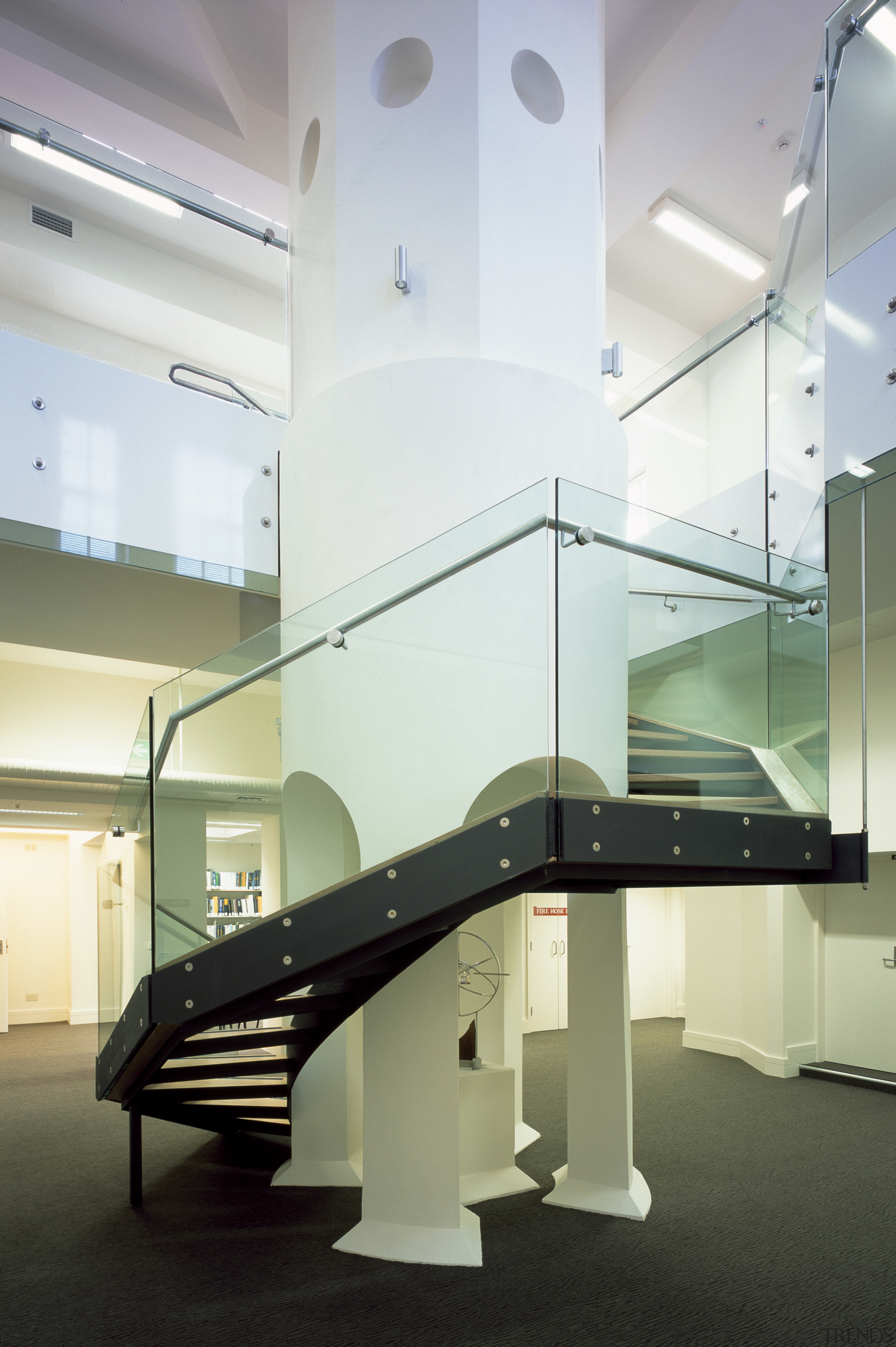 view of a spiraling stairway with glass balustrade architecture, ceiling, daylighting, glass, handrail, interior design, product design, stairs, white