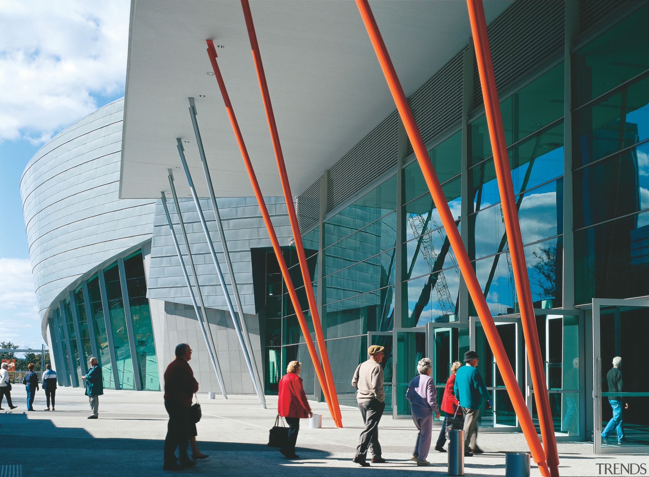 Entry to convention centre with wall of glazing, architecture, building, commercial building, convention center, corporate headquarters, facade, metropolis, metropolitan area, mixed use, sky, structure, tourist attraction, urban area