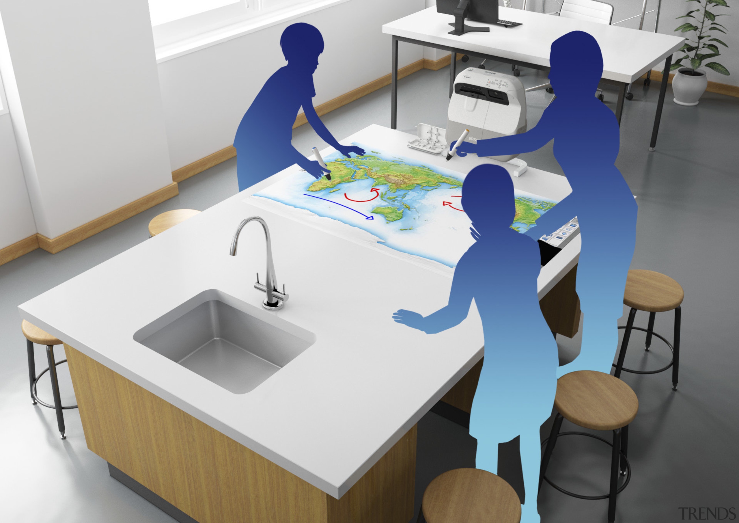 View of animated silhouettes using interactive world map. angle, design, desk, furniture, interior design, product, product design, sink, table, white