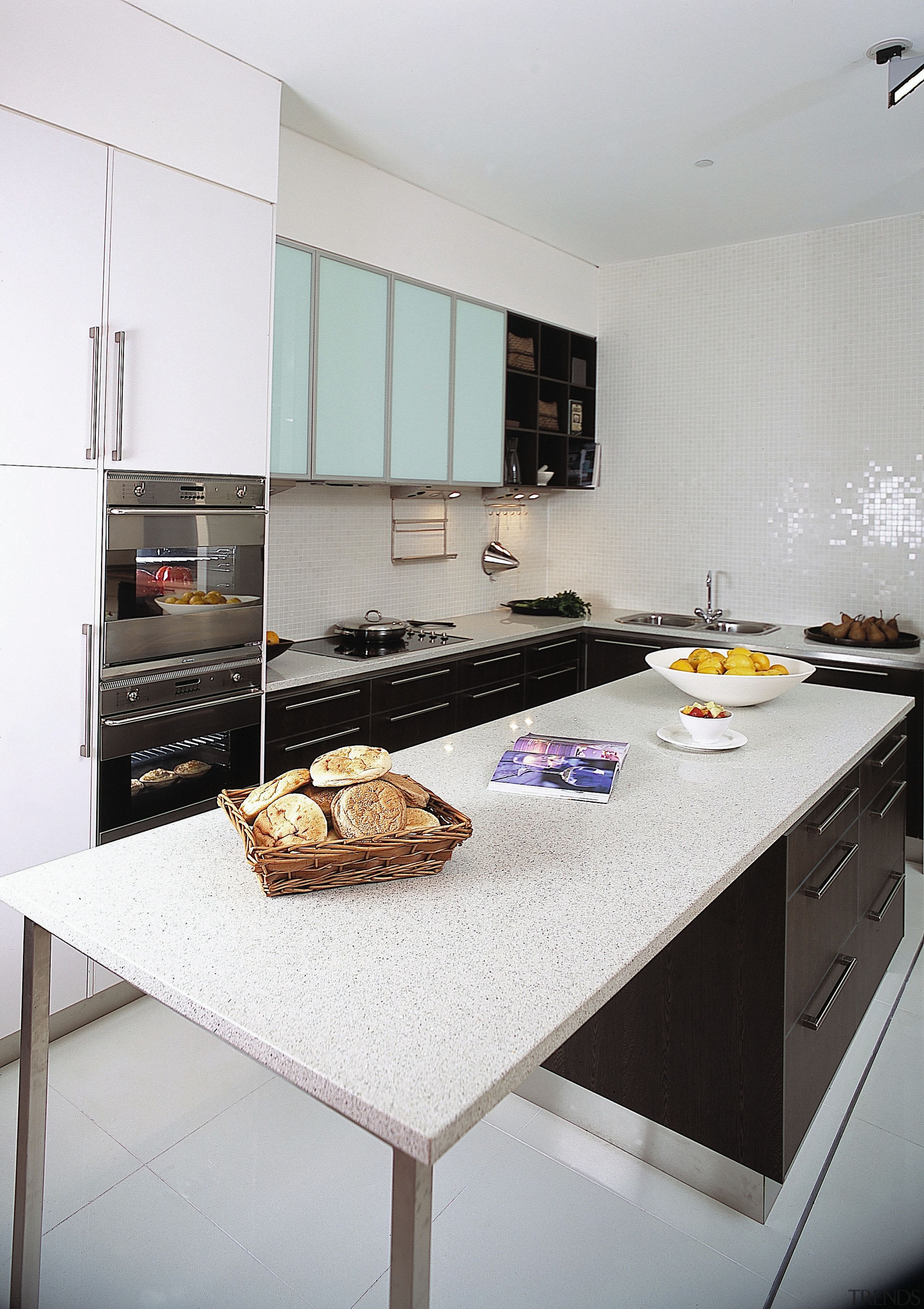 Glass mosaic splashbacks are a stong design trend countertop, interior design, kitchen, room, gray, white