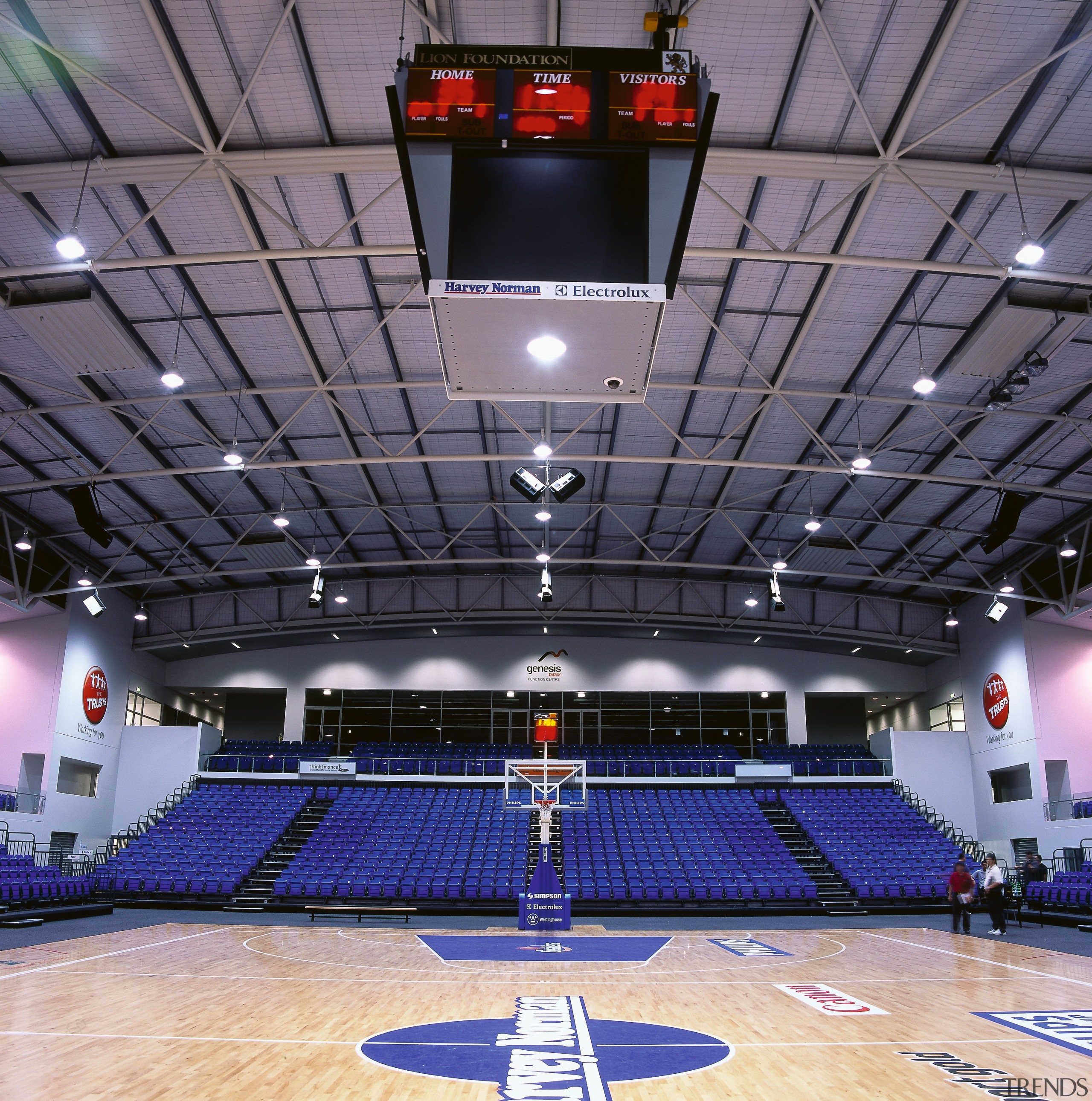 View of indoor basketball court with blue seating arena, auditorium, basketball court, ceiling, games, leisure centre, sport venue, sports, stadium, structure, gray