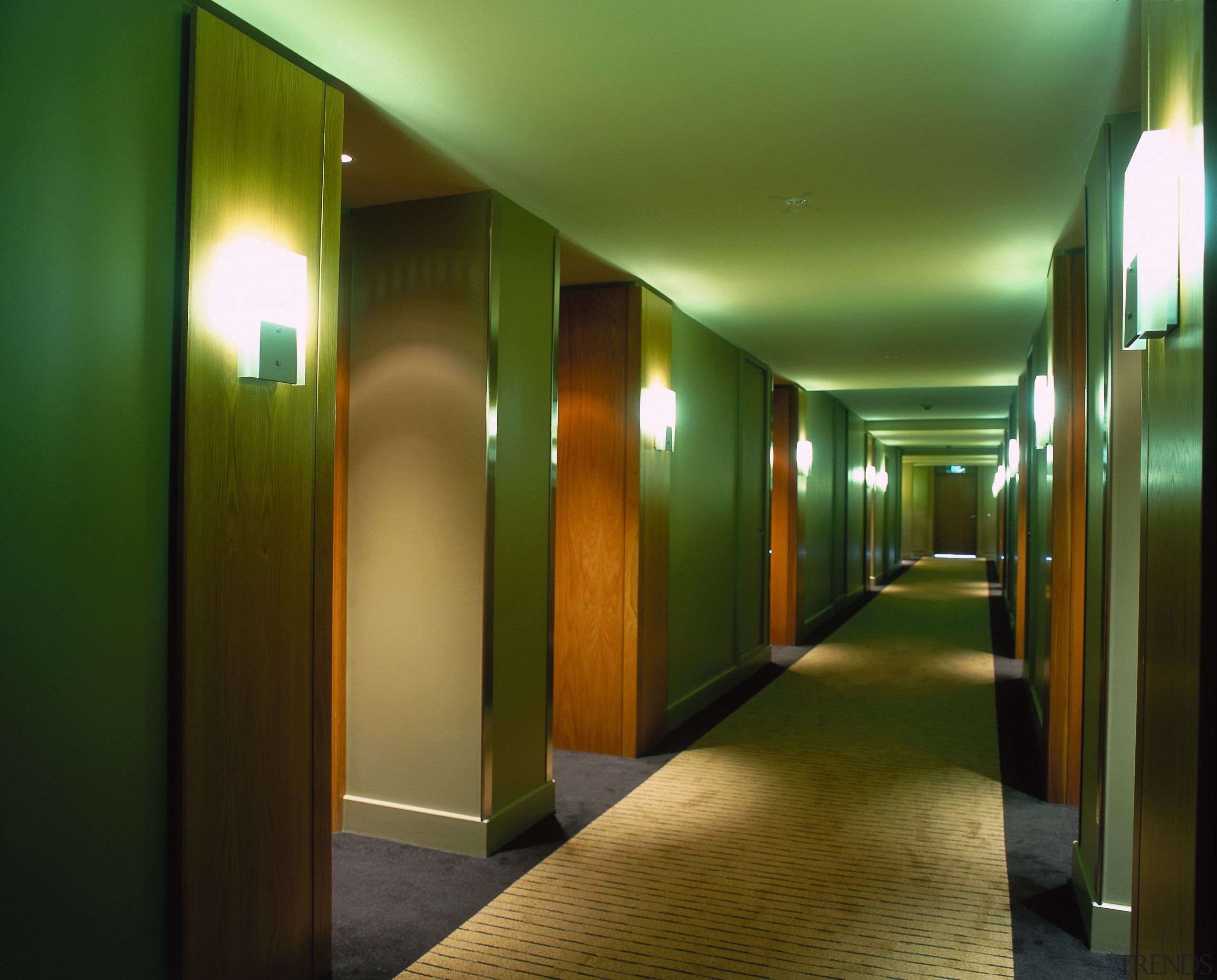 Corridor with veneer wall panels with solid timber architecture, ceiling, hall, interior design, lighting, lobby, brown, green