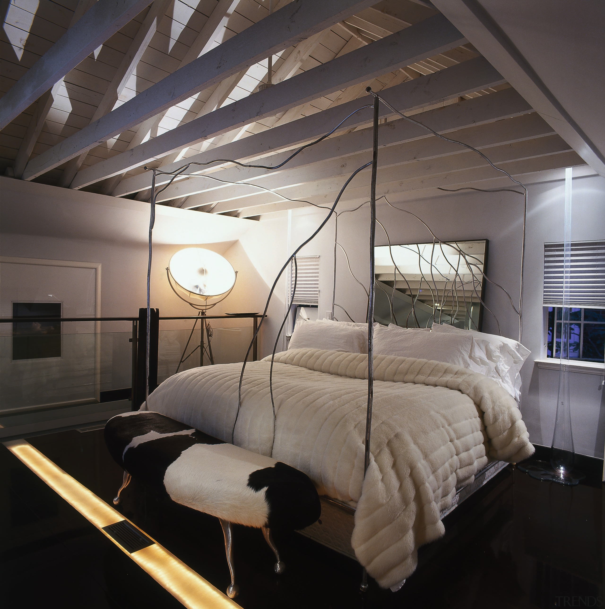 View of this bedroom - View of this architecture, bed, bed frame, bedroom, ceiling, daylighting, home, interior design, lighting, room, black, gray