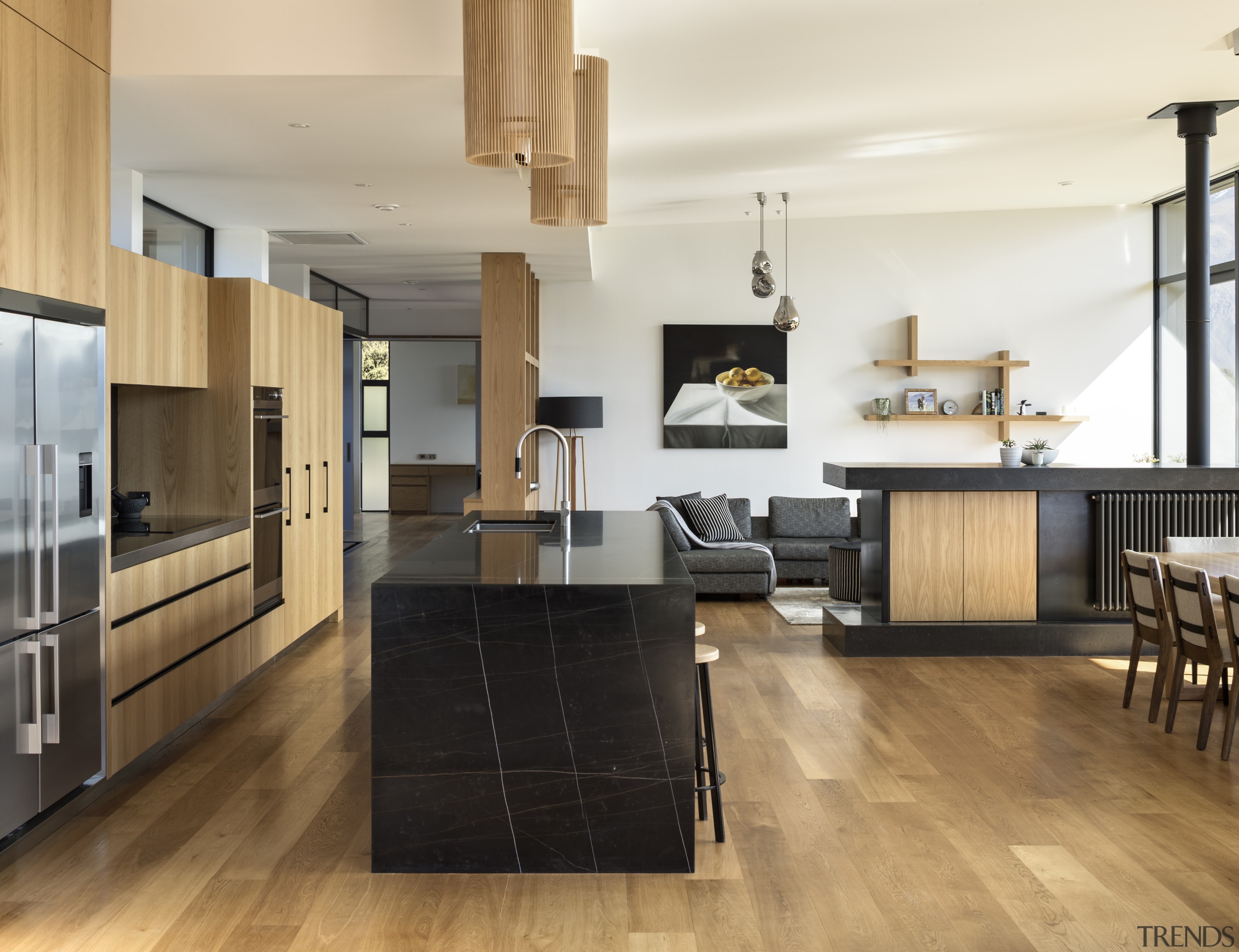 ​​​​​​​The rich warmth of timber and the sheer architecture, kitchen, cabinetry, countertop, floor, flooring, furniture, hardwood, home, house, interior design, kitchen, tile, wood, wood flooring, Eliska Lewis Architects, marble