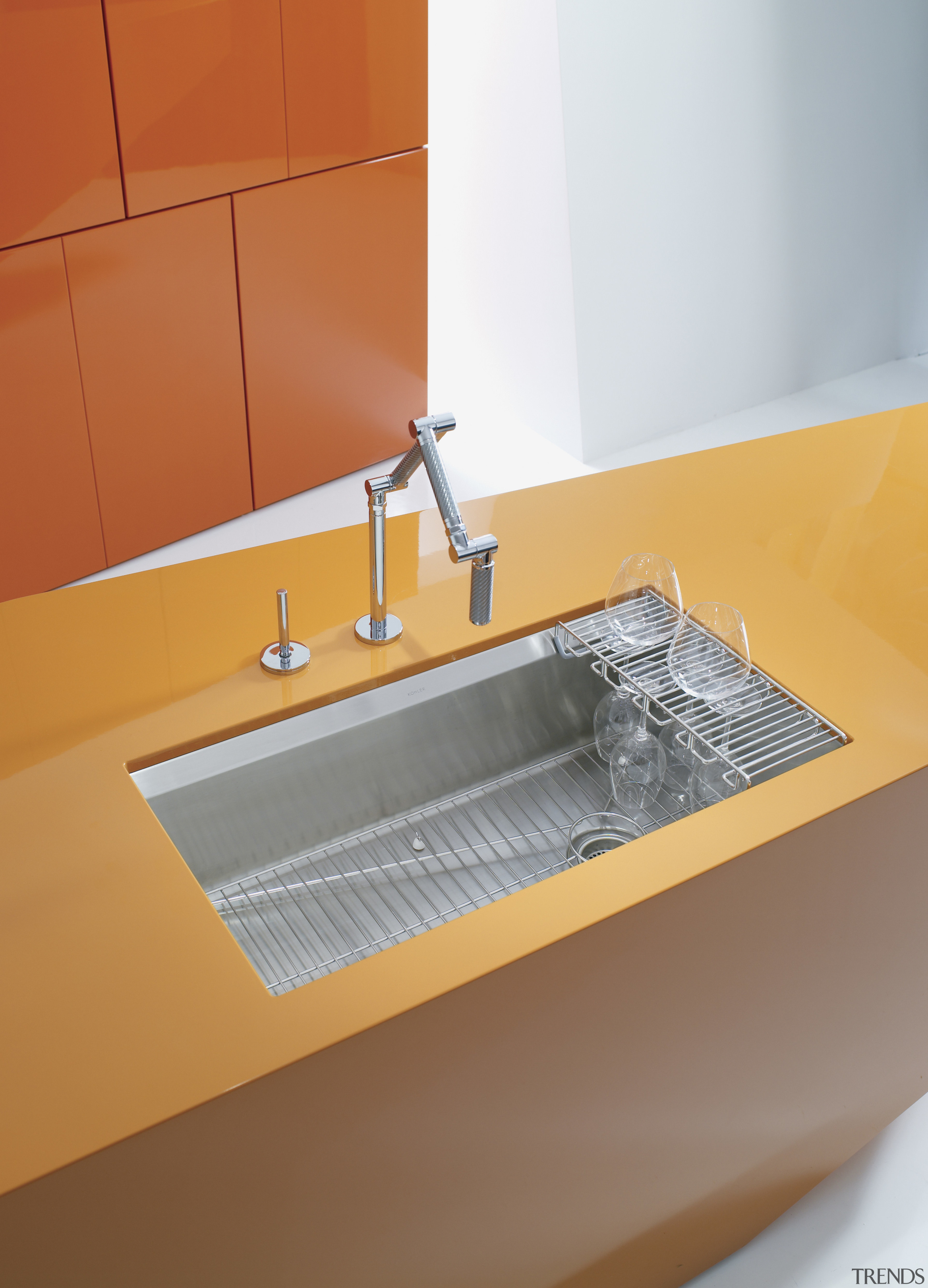 Image of Kohler's new 8 Degree stainless steel bathroom, bathroom sink, plumbing fixture, product design, sink, tap, orange, gray