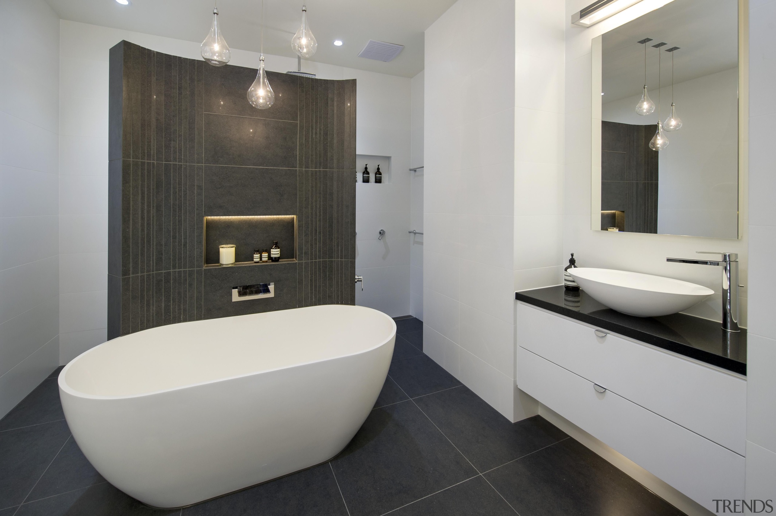 Bubbles Bathrooms - Winner of Housing Industry Association architecture, bathroom, bathroom accessory, floor, interior design, product design, property, real estate, room, tile, gray, black