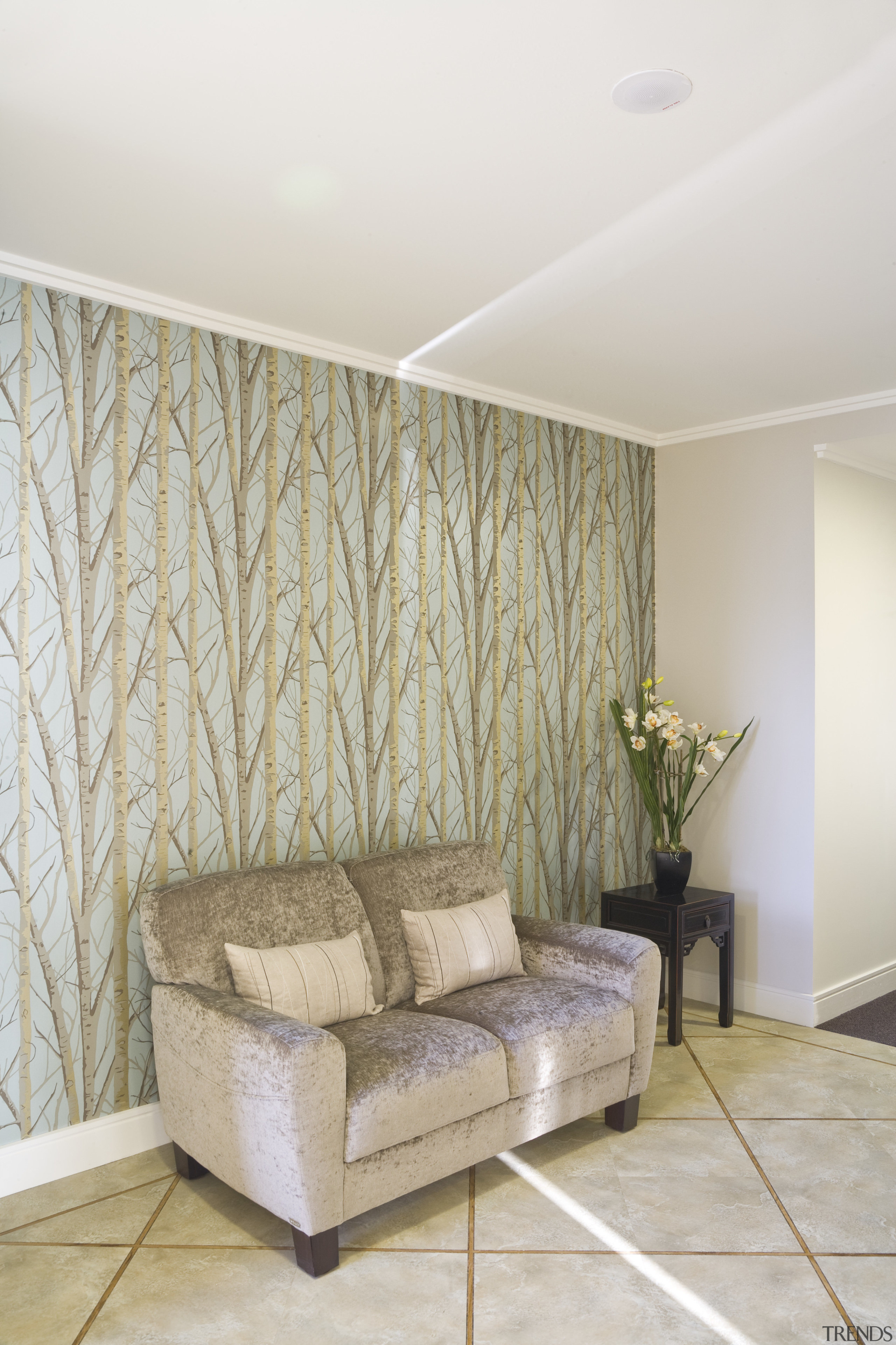 View of a hallway with seating. - View ceiling, floor, interior design, living room, room, wall, wood, white