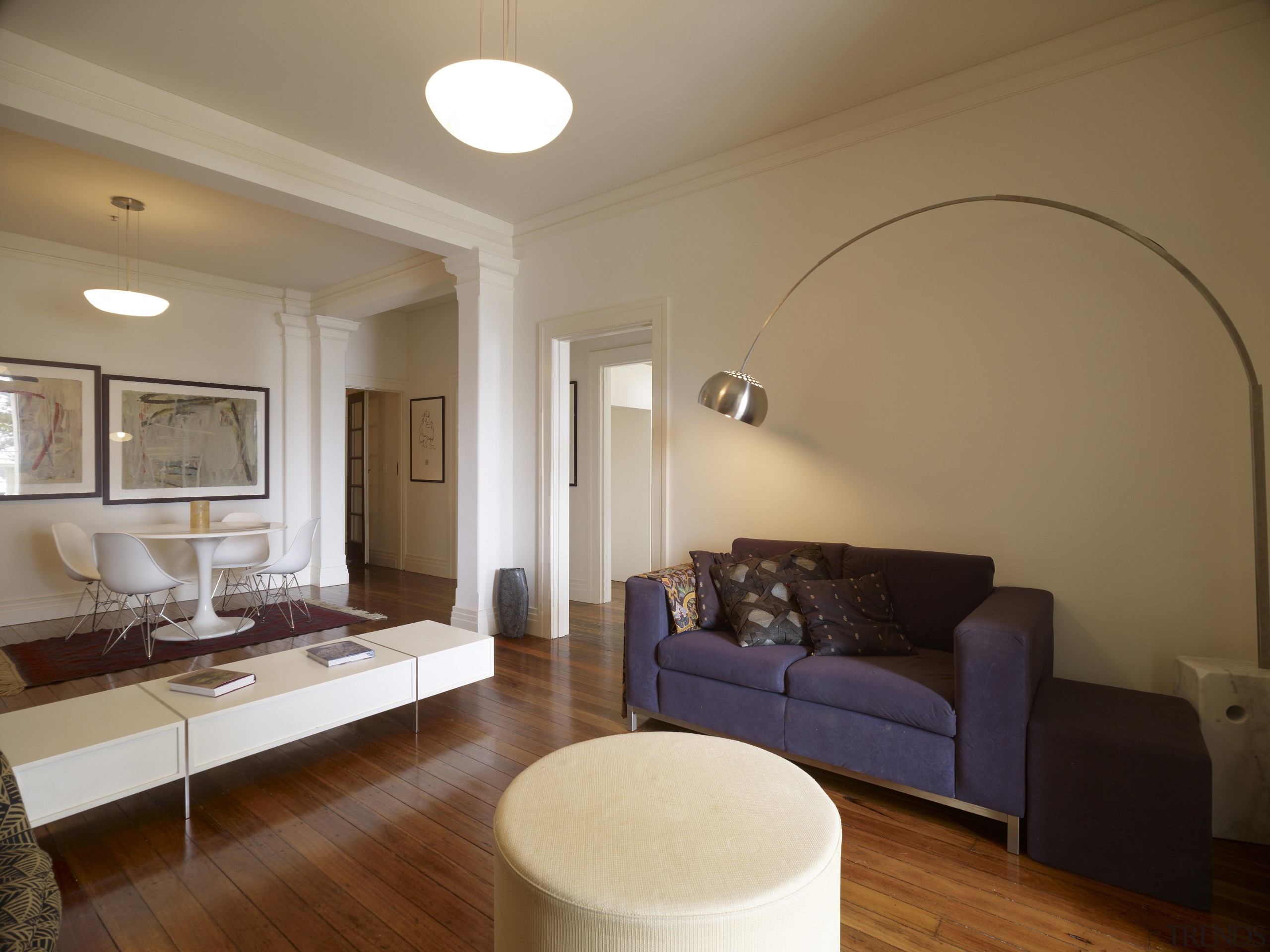 View of apartment living area in a restored ceiling, floor, interior design, living room, property, real estate, room, wall, wood flooring, brown