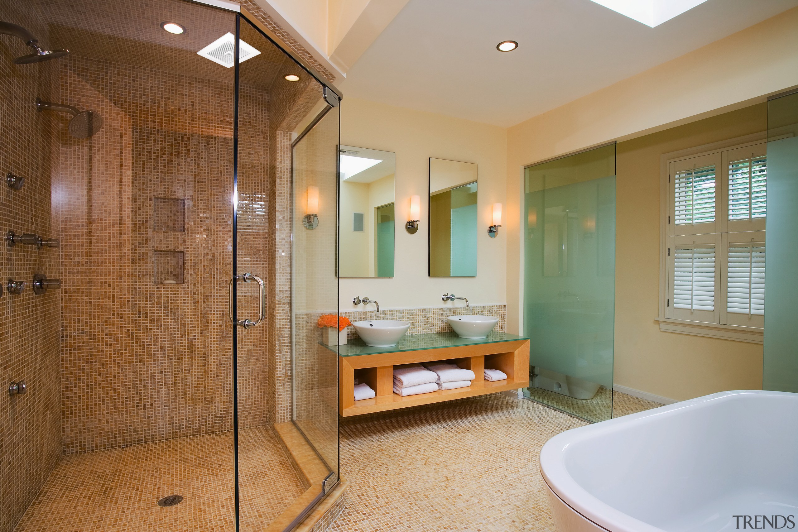 A view of this bathroom that feature the bathroom, ceiling, estate, floor, home, interior design, real estate, room, tile, brown, gray