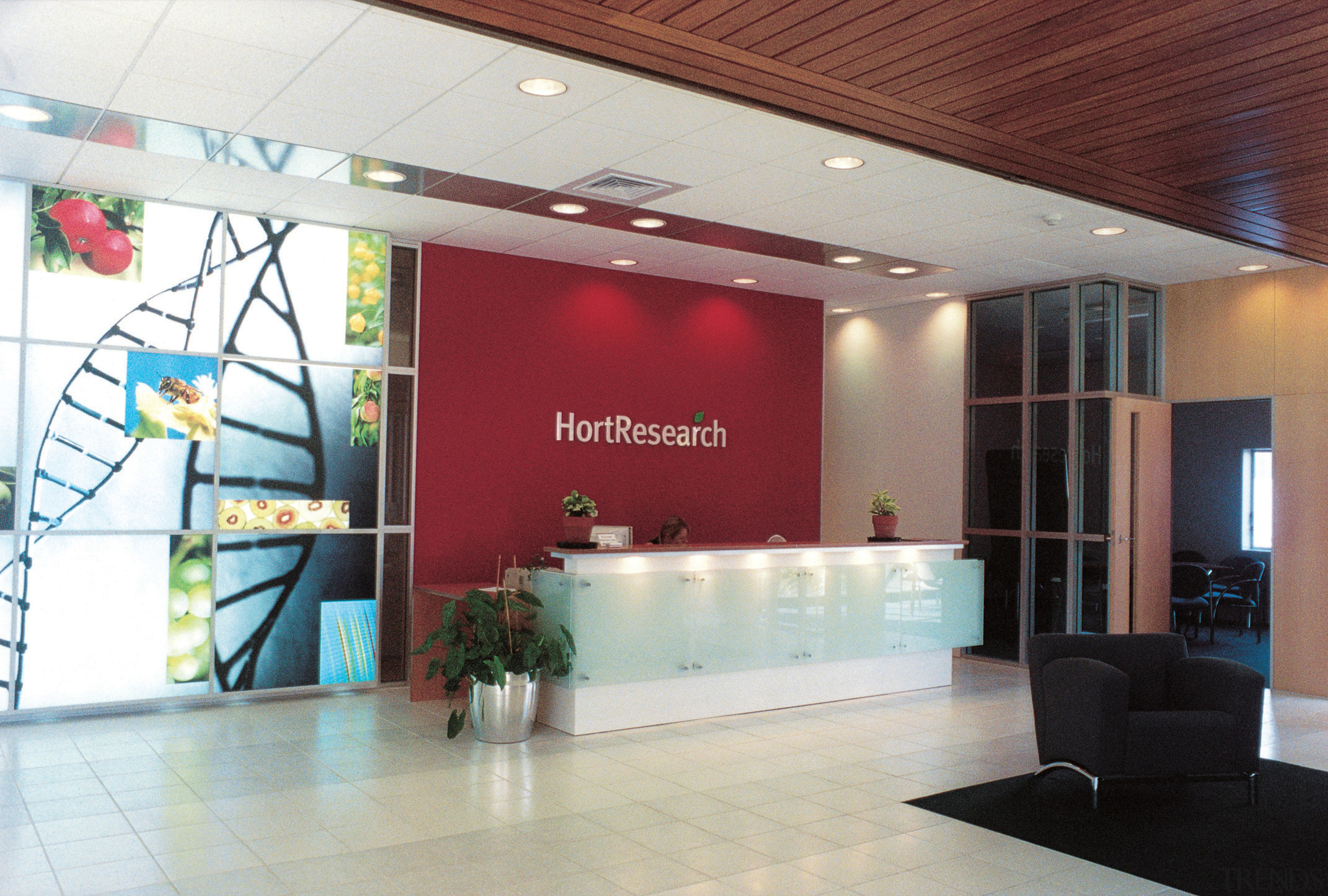 Reception area of HortResearch - Reception area of ceiling, interior design, lobby, white, red