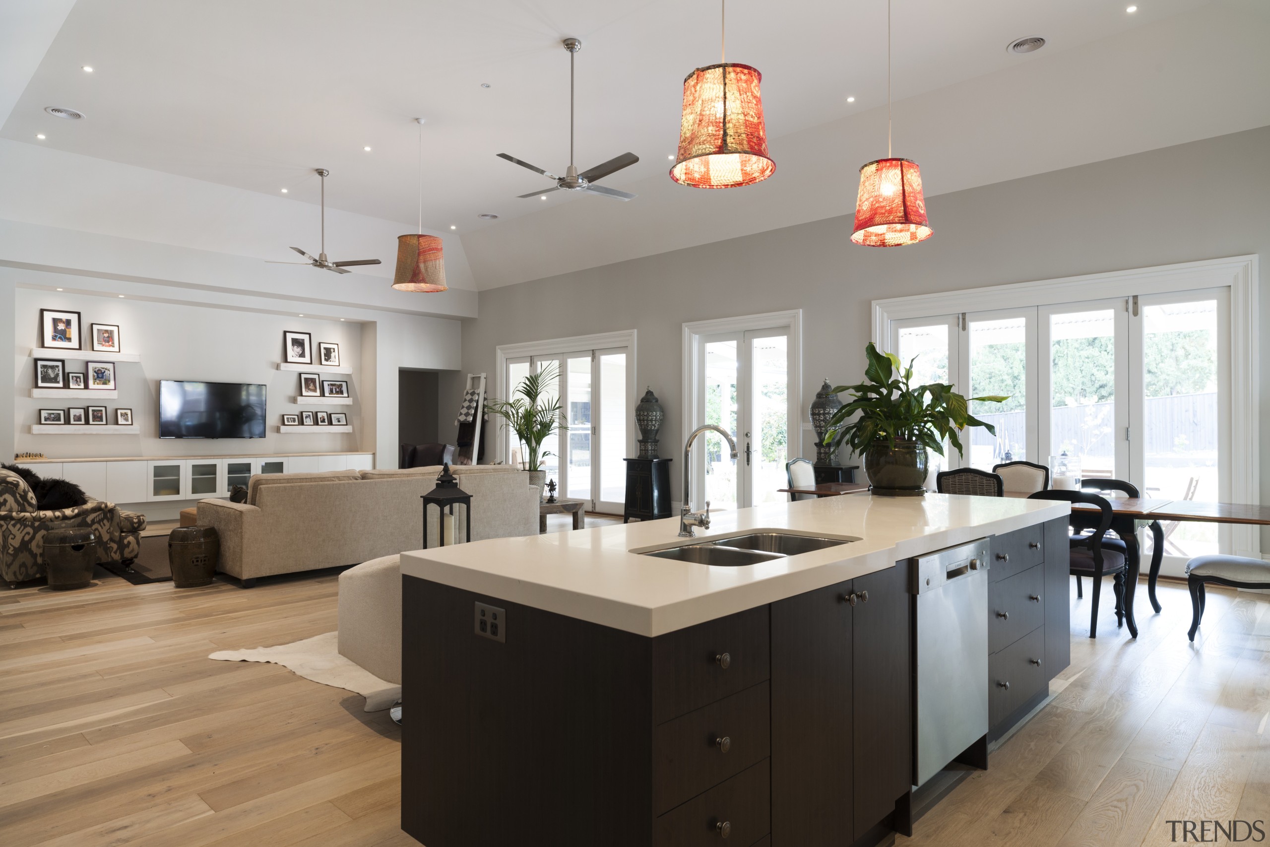 he neutral scheme is set off with pops ceiling, countertop, interior design, kitchen, room, gray