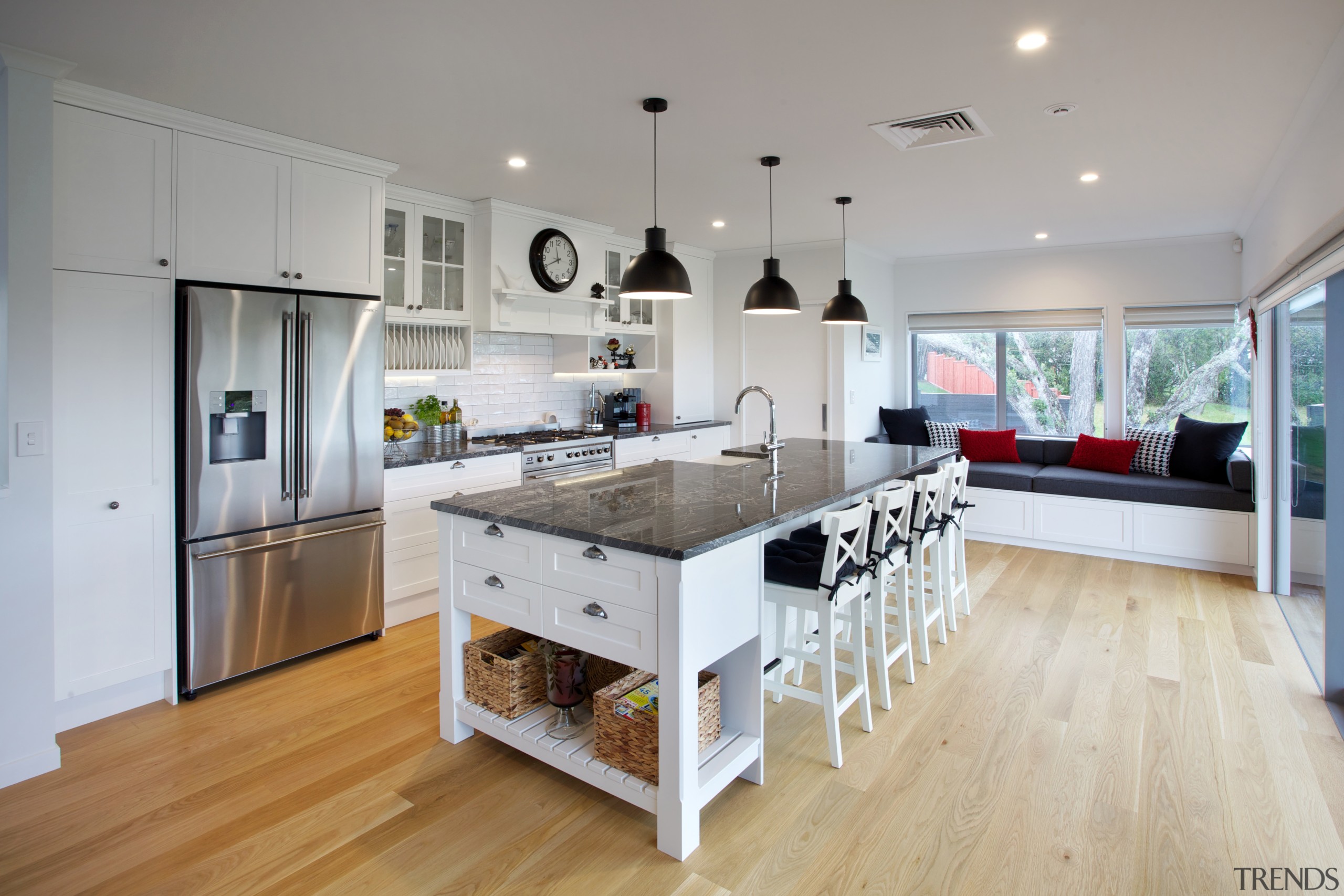 This kitchen design integrates with the wider space countertop, cuisine classique, floor, interior design, kitchen, real estate, room, gray