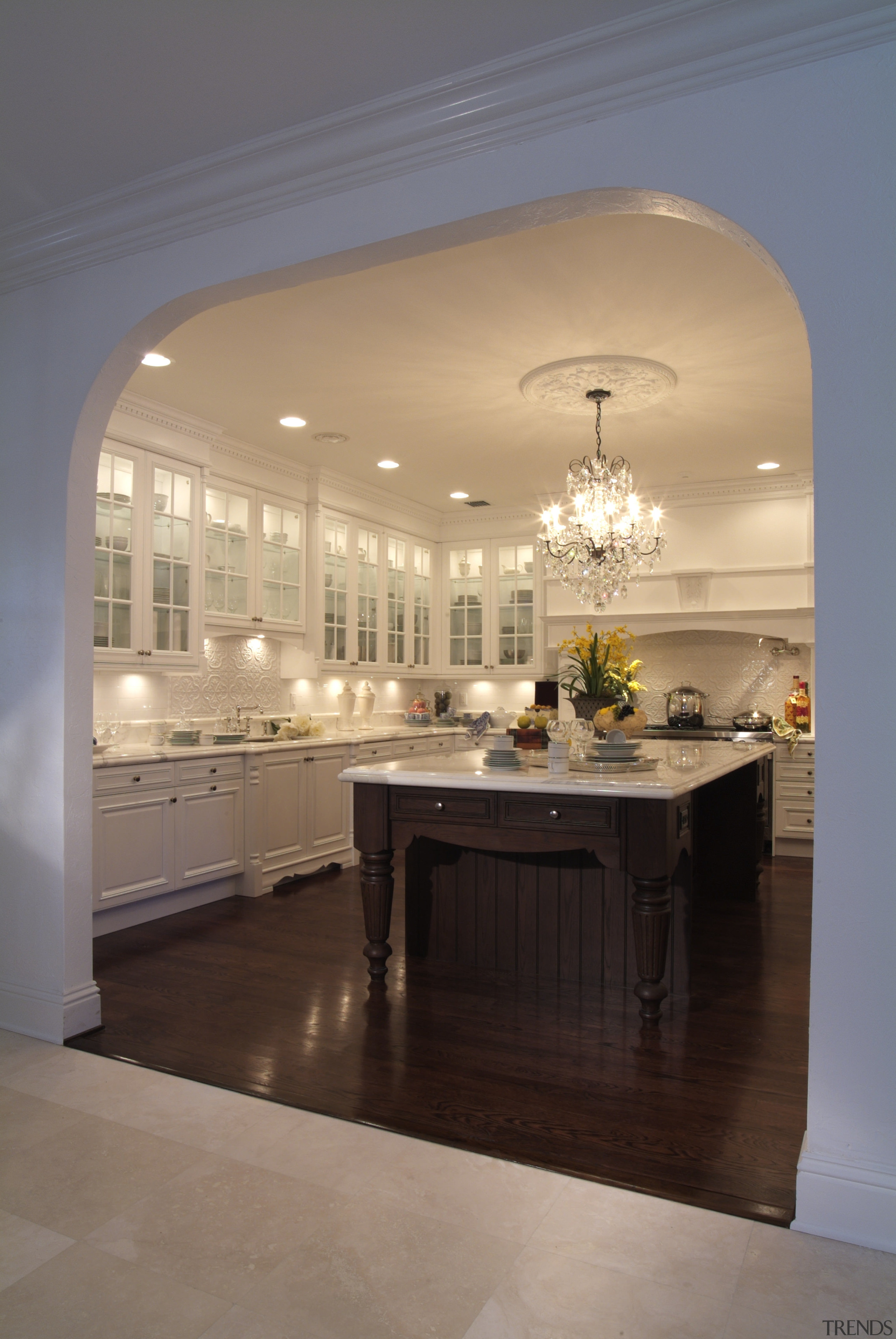 A view of a kitchen by Downsview Features ceiling, countertop, floor, flooring, furniture, home, interior design, kitchen, light fixture, lighting, room, table, gray, orange