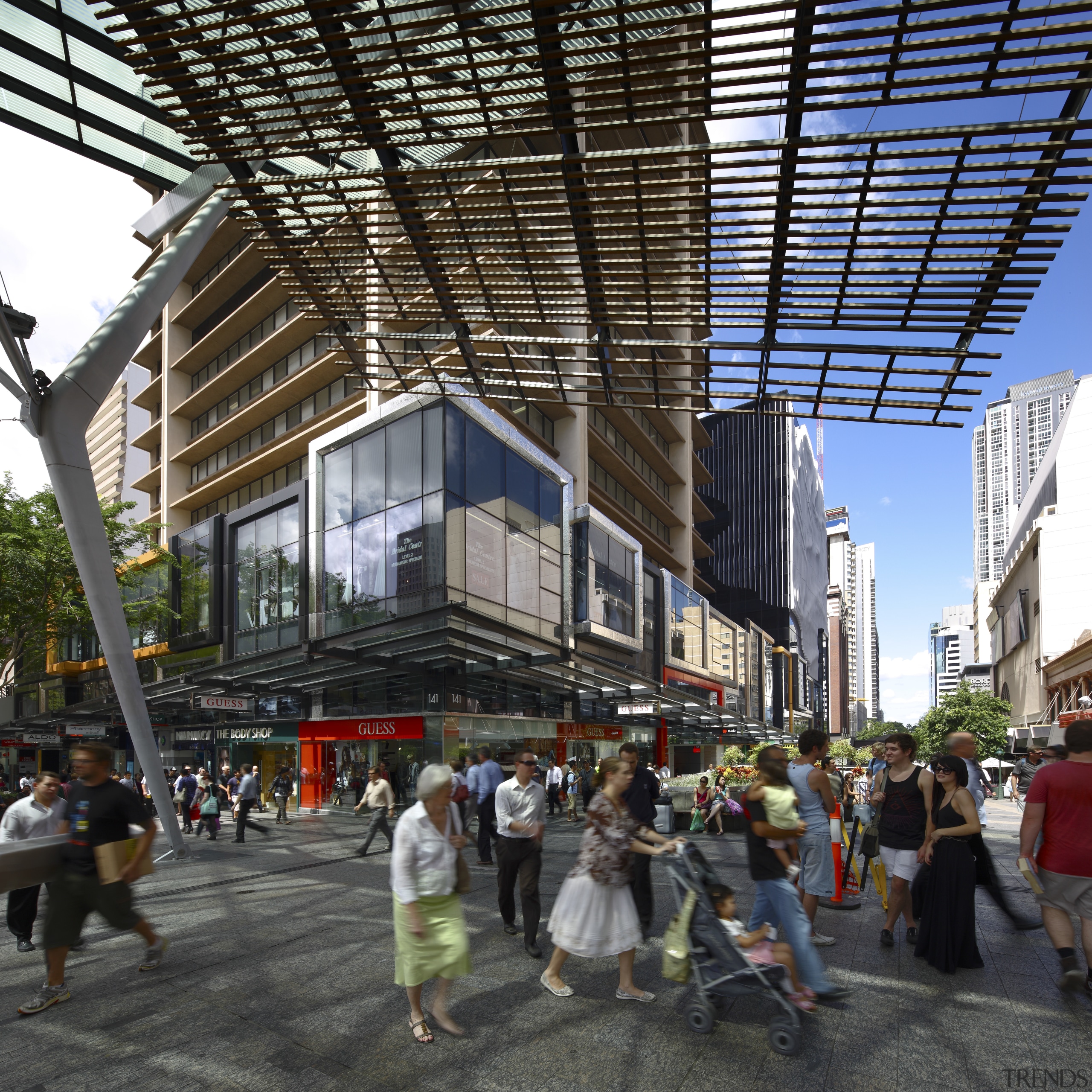 View of office tower with retail podium with architecture, building, city, downtown, metropolis, metropolitan area, mixed use, neighbourhood, pedestrian, urban area, black