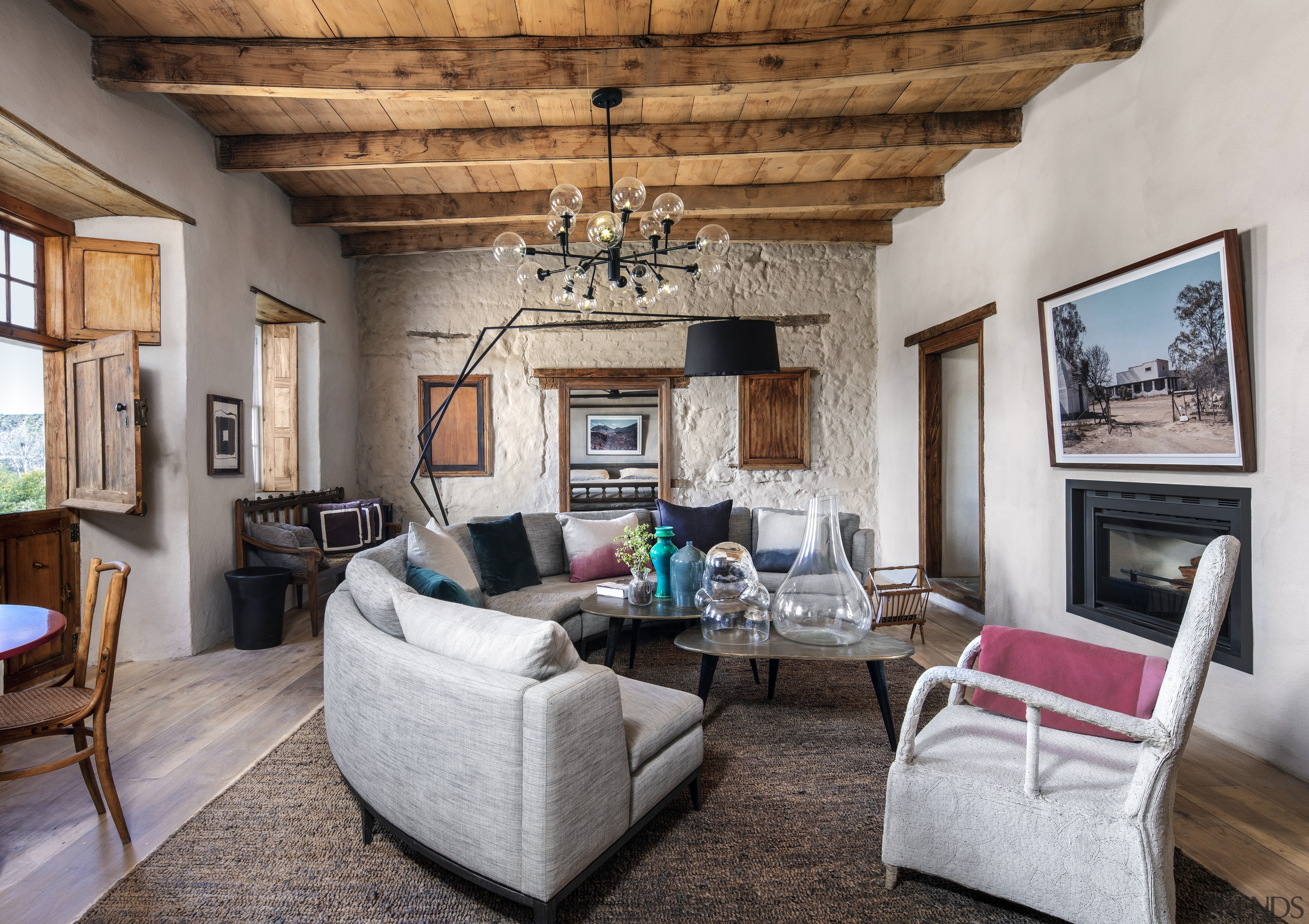 In the living space, the original yellowwood beams 