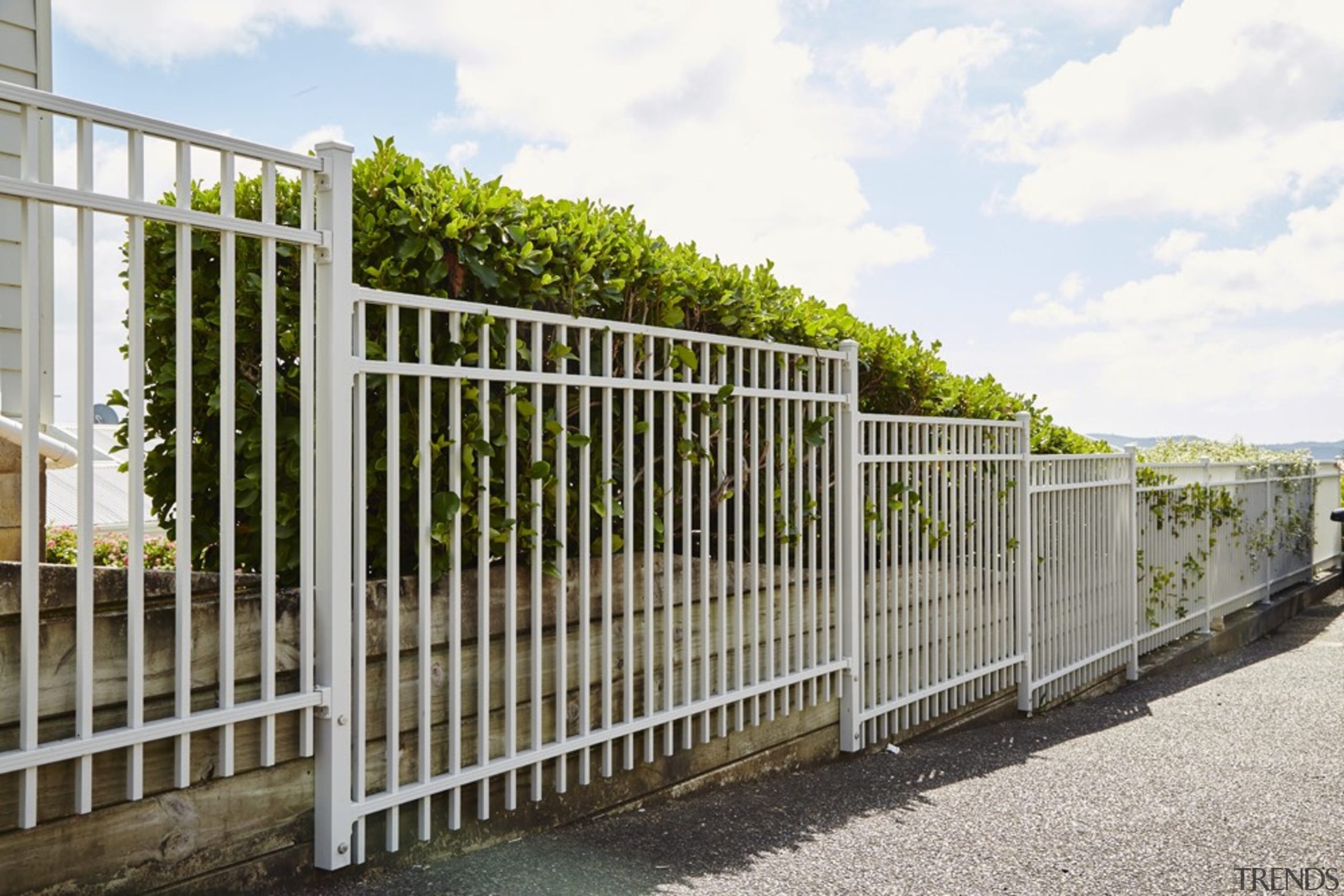 The owner of this home chose HomePlus Contemporary fence, gate, guard rail, handrail, home fencing, iron, outdoor structure, picket fence, residential area, white