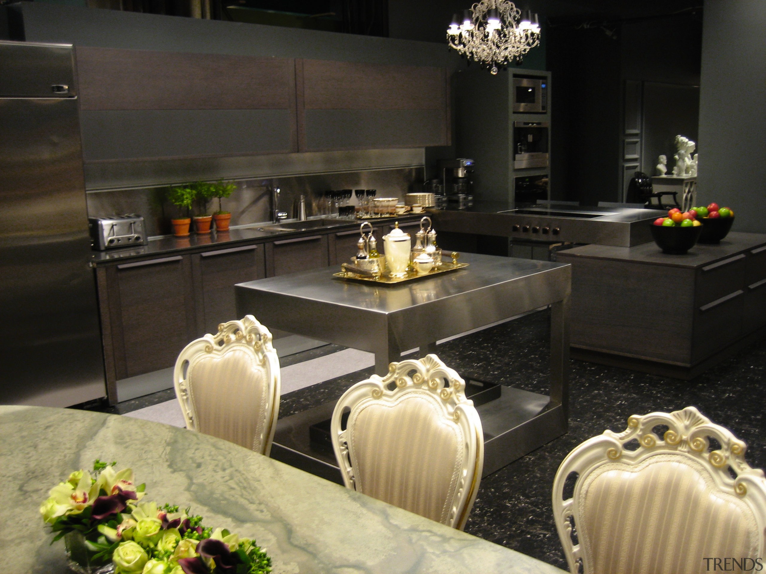 Gray coloured kitchen with stainless steel benchtop and countertop, interior design, kitchen, black