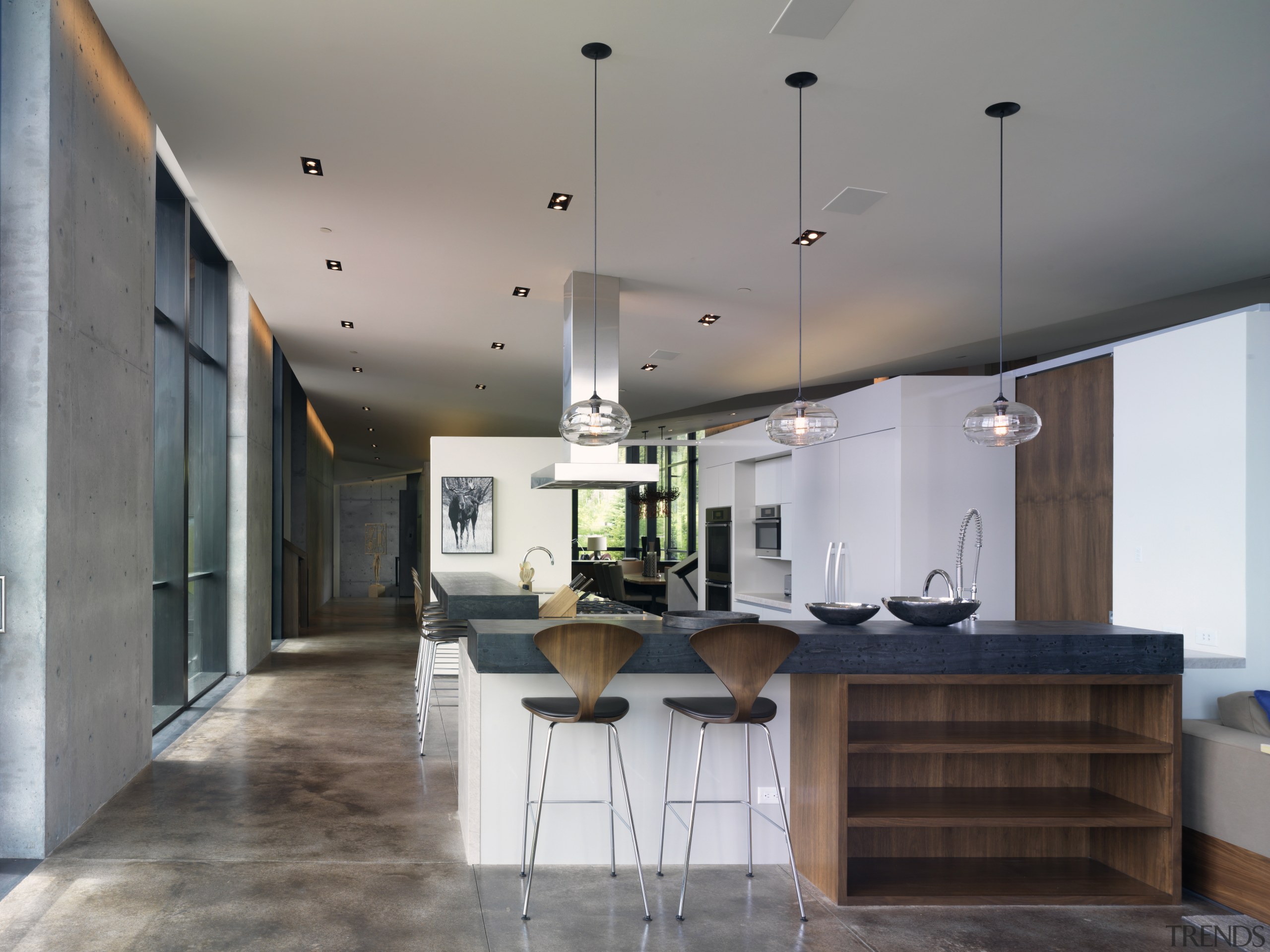 Concrete is a feature of this open-plan kitchen architecture, ceiling, countertop, house, interior design, kitchen, gray