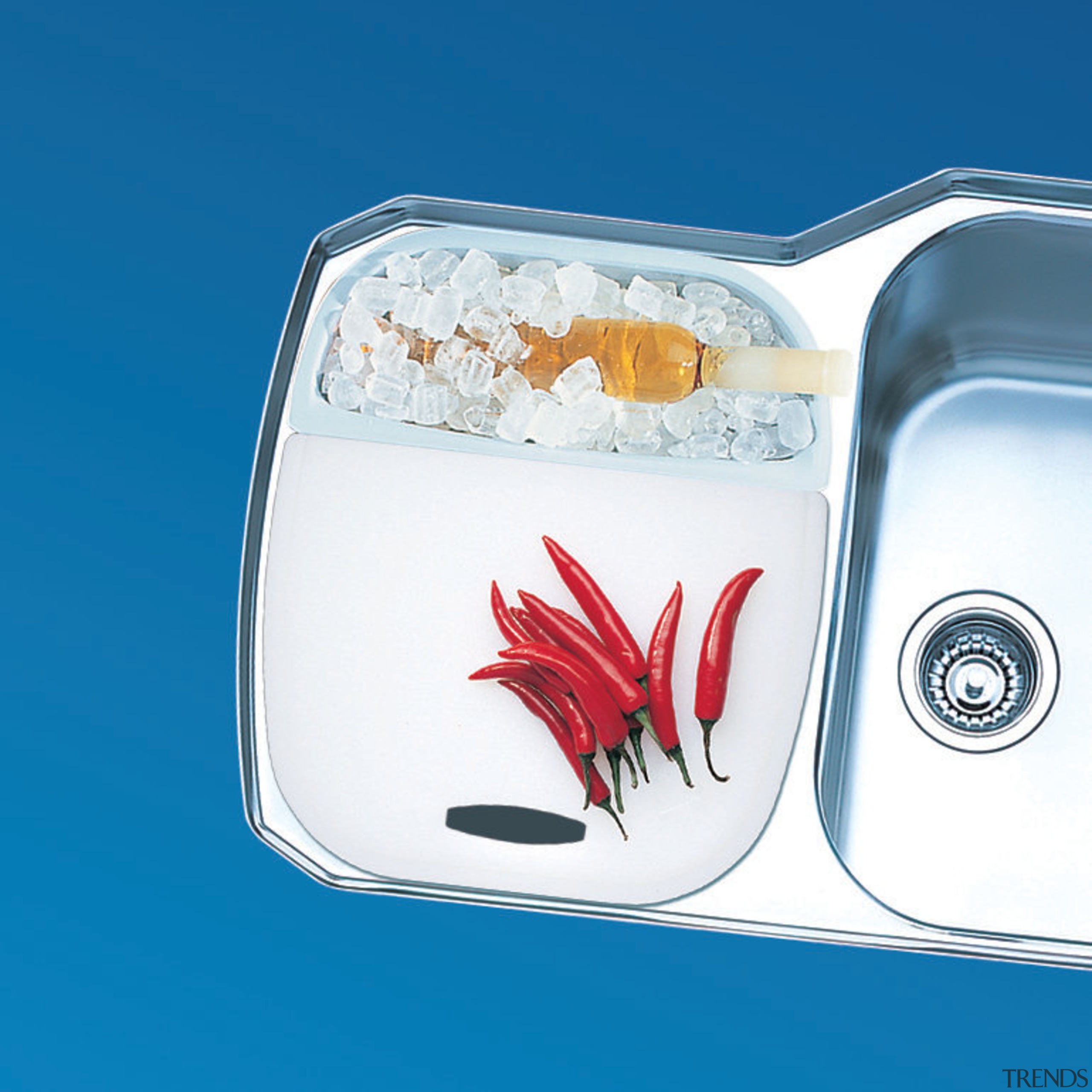 View of a Oliveri stainless steel with custom product, product design, white, teal, blue