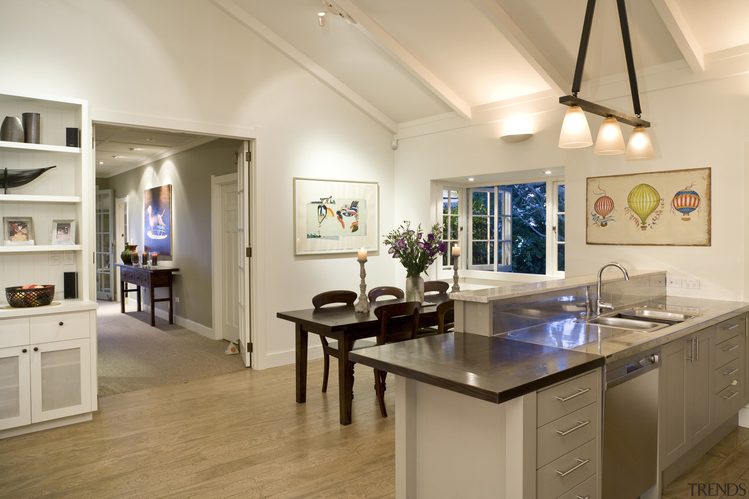 View of kitchen and dining area, stainless steel ceiling, interior design, kitchen, real estate, orange, brown