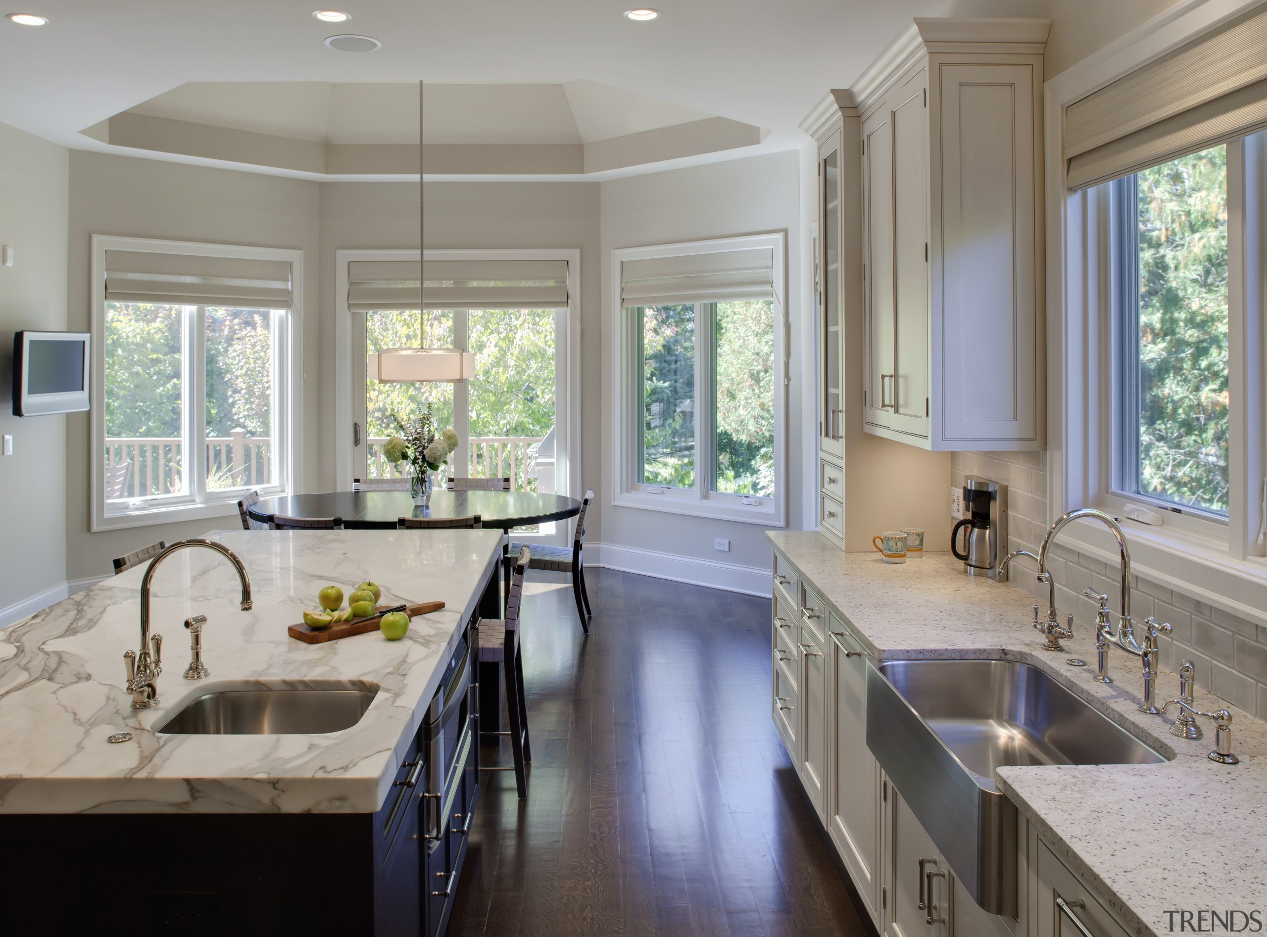 View of kitchen with wooden flooring, stainless drawers cabinetry, ceiling, countertop, estate, home, interior design, kitchen, real estate, room, window, gray