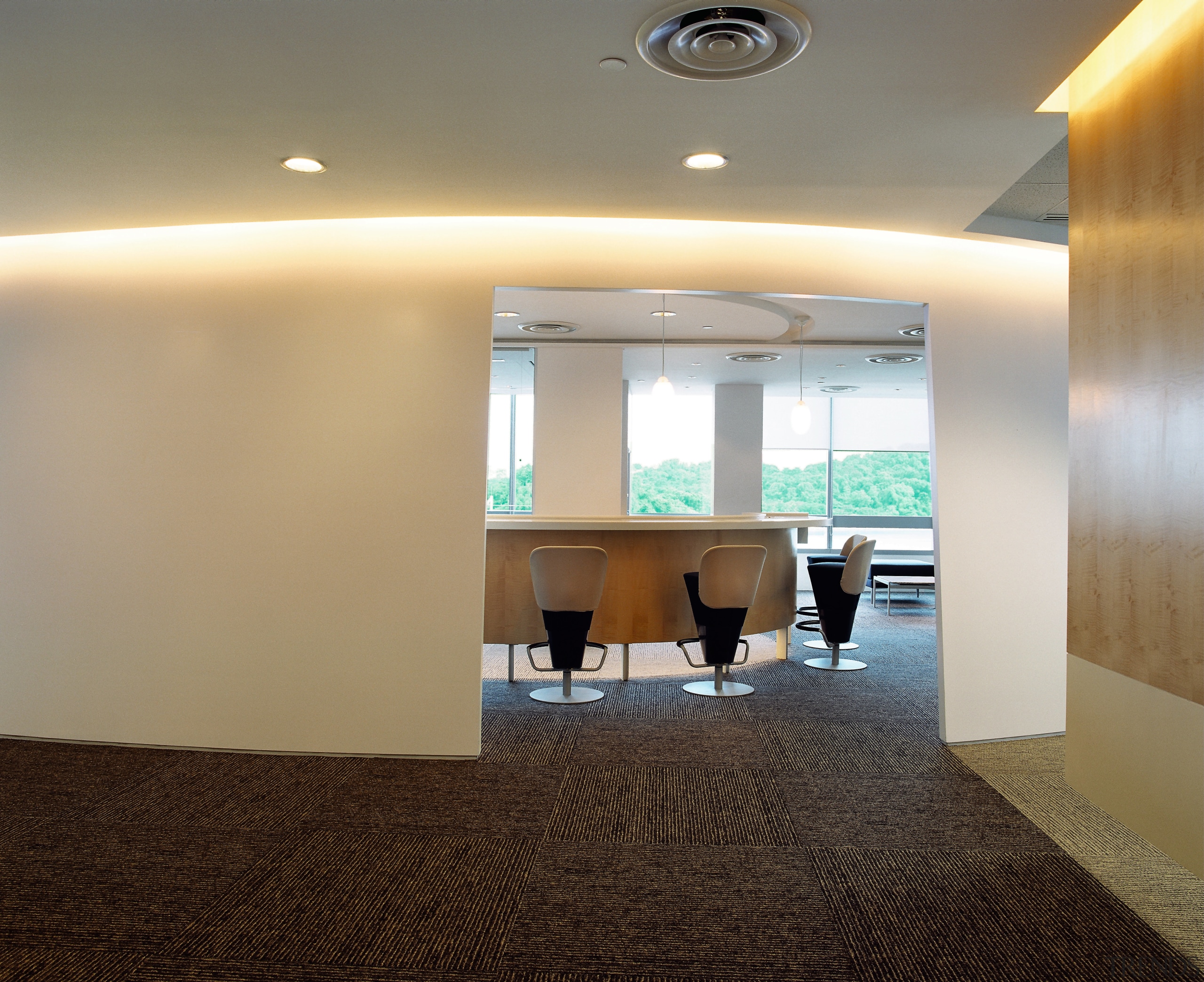 Office break-out area with cream walls, dark carpet, ceiling, daylighting, floor, flooring, interior design, office, real estate, gray