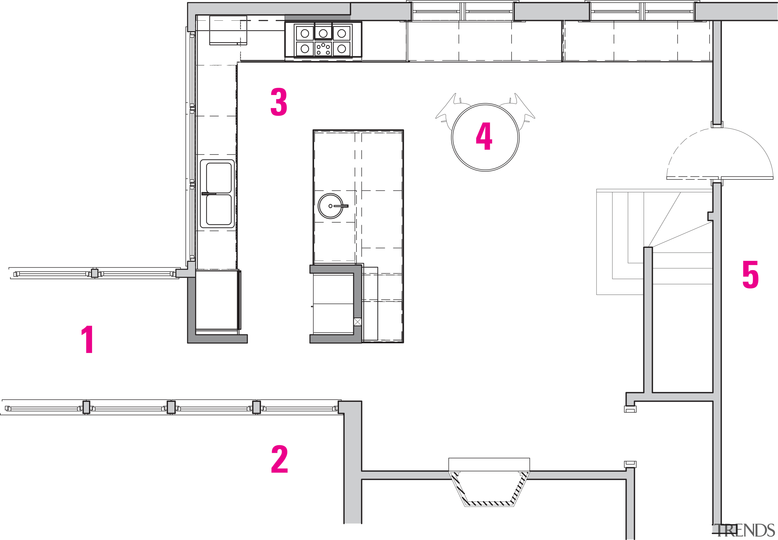 Legend for plan: 1gallery. 2 courtyard. 3 kitchen. angle, area, design, diagram, drawing, font, line, product, product design, structure, technical drawing, text, white