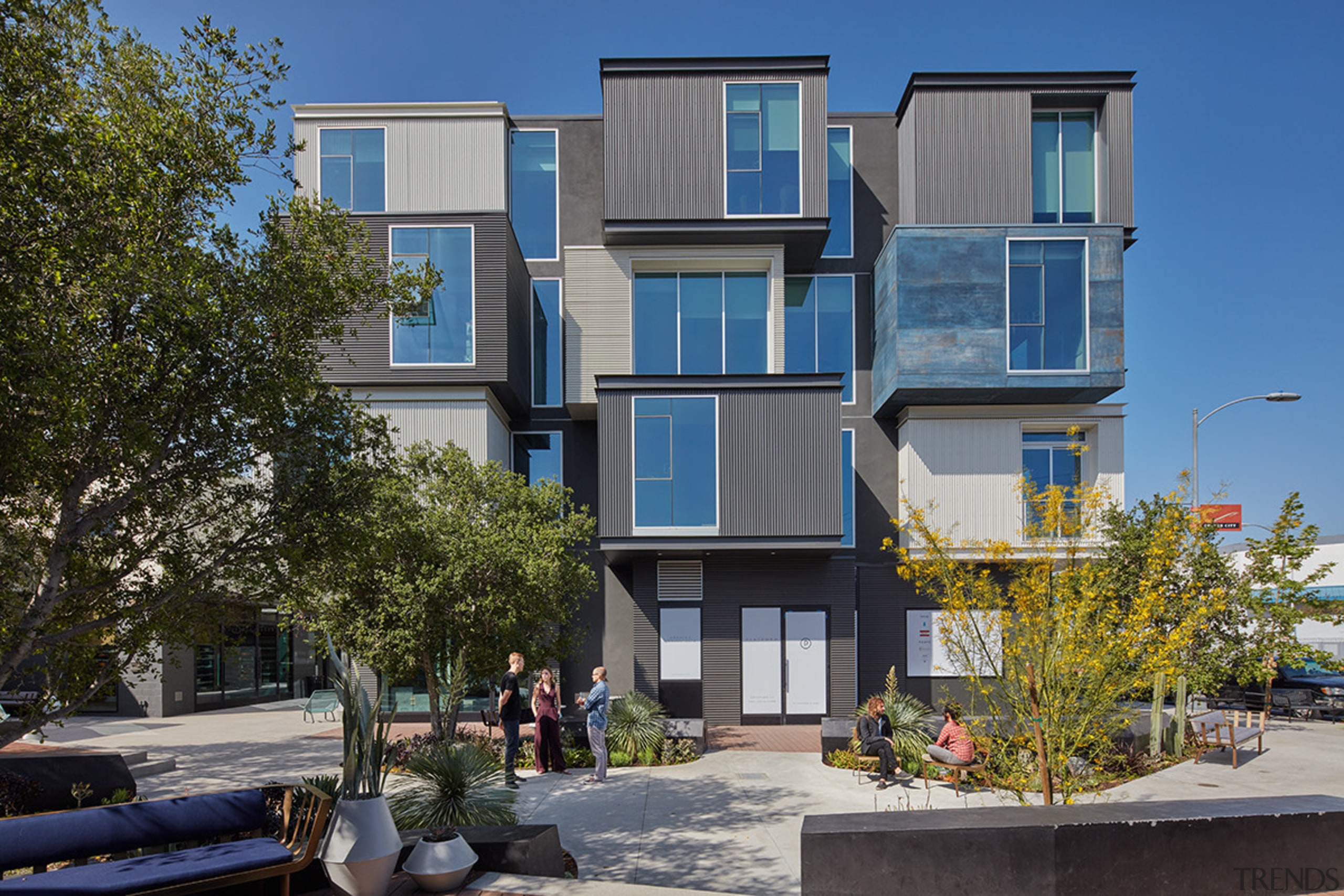 Designed by architects Abramson Teiger as part of apartment, architecture, building, condominium, elevation, facade, home, house, mixed use, neighbourhood, property, real estate, residential area, sky, gray