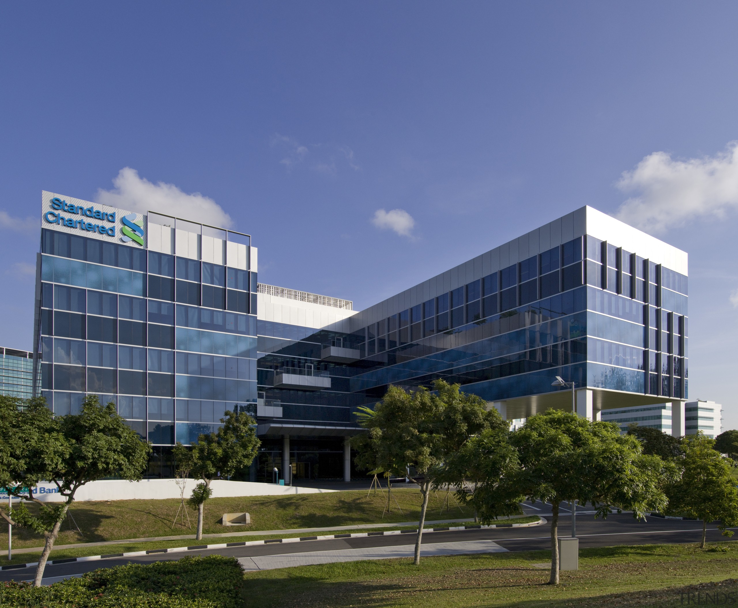 Standard Chartered Bank, Changi Business Park, Singapore architecture, building, city, commercial building, condominium, corporate headquarters, daytime, facade, headquarters, metropolis, metropolitan area, mixed use, real estate, sky, tower block, blue