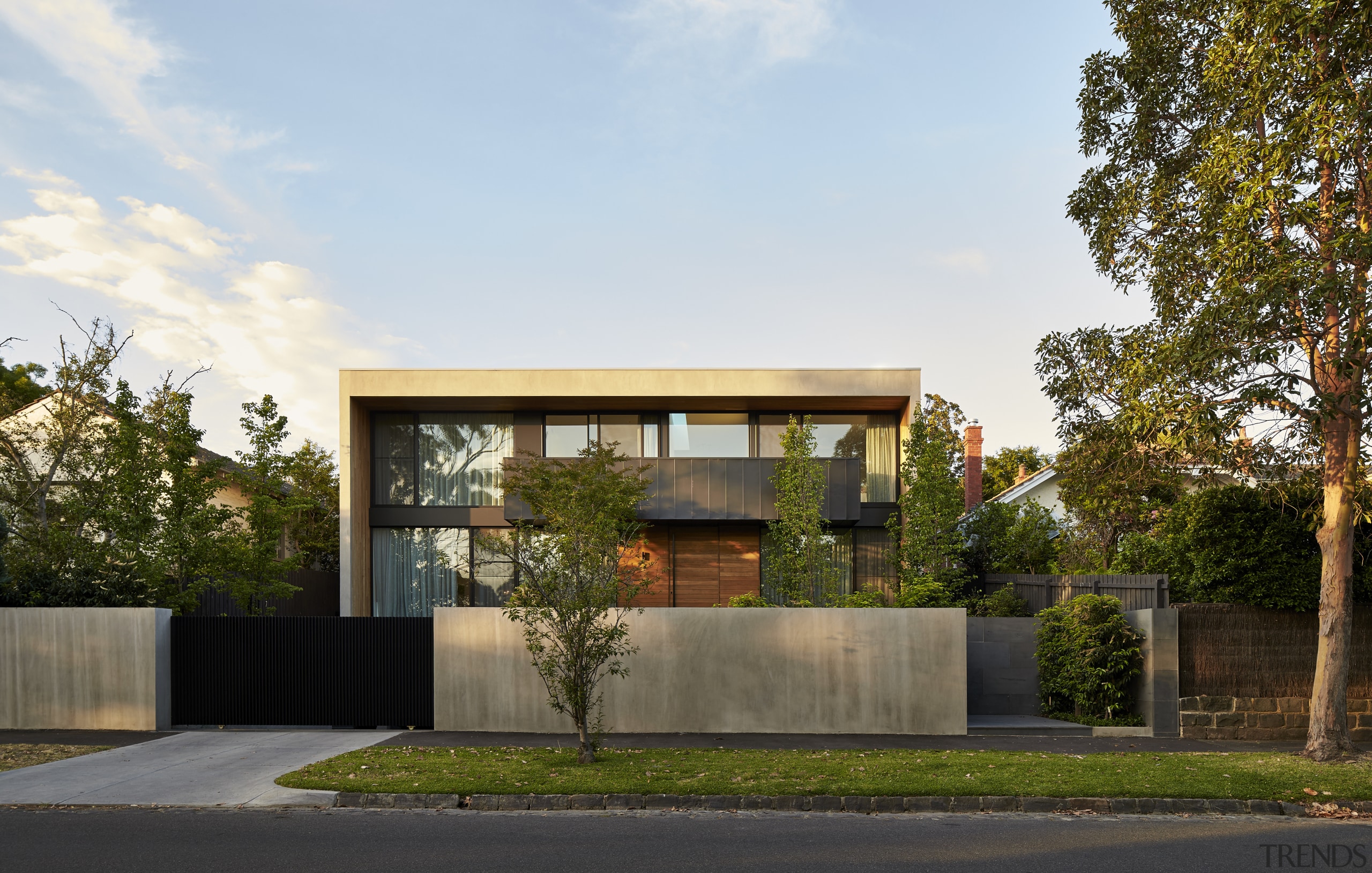 Blackbutt timber lines the deep soffits on this architecture, building, condominium, facade, home, house, property, real estate, residential area, white, brown