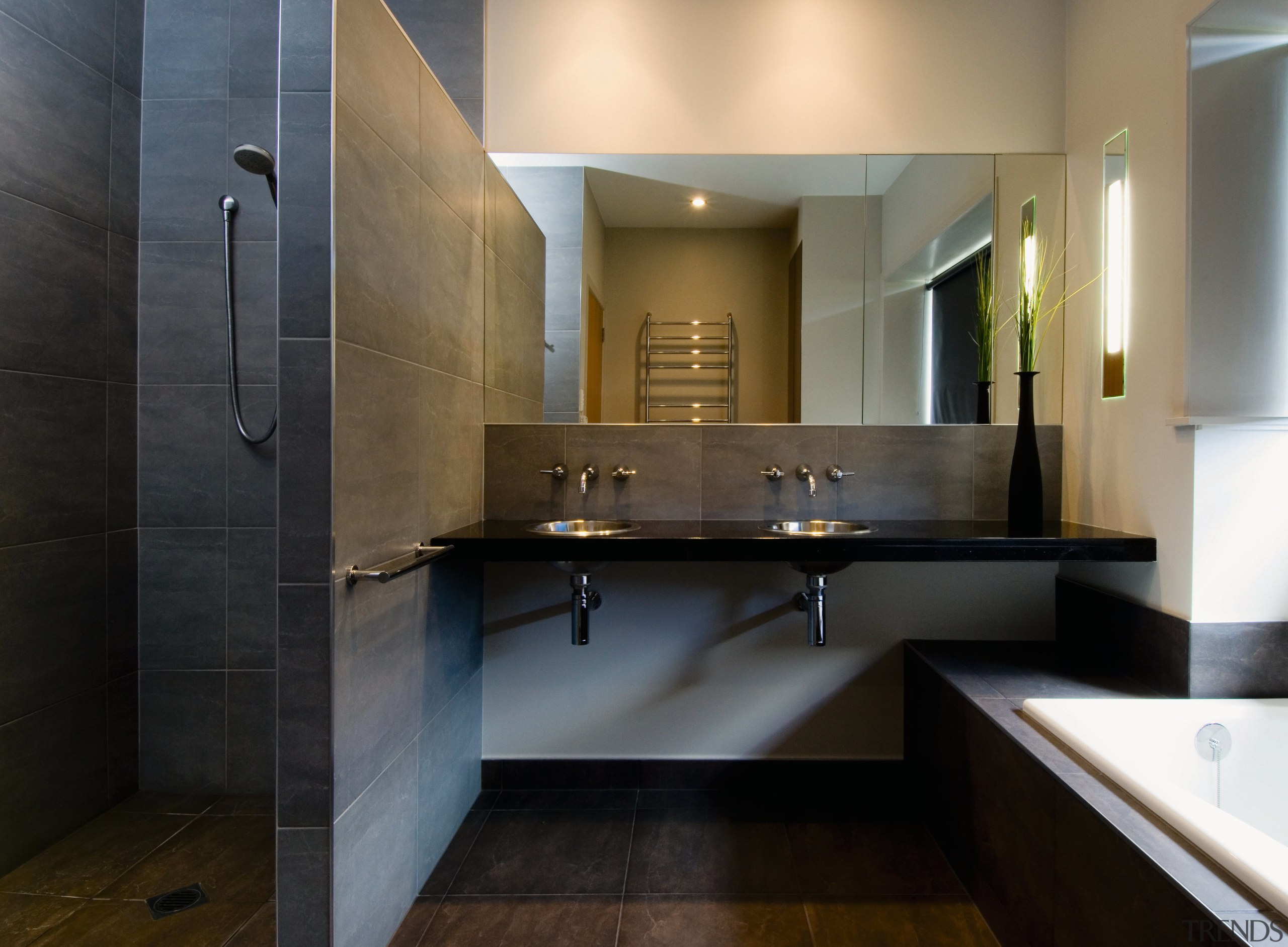 A view of a bathroom by NKBA. - architecture, bathroom, countertop, floor, interior design, kitchen, room, sink, black