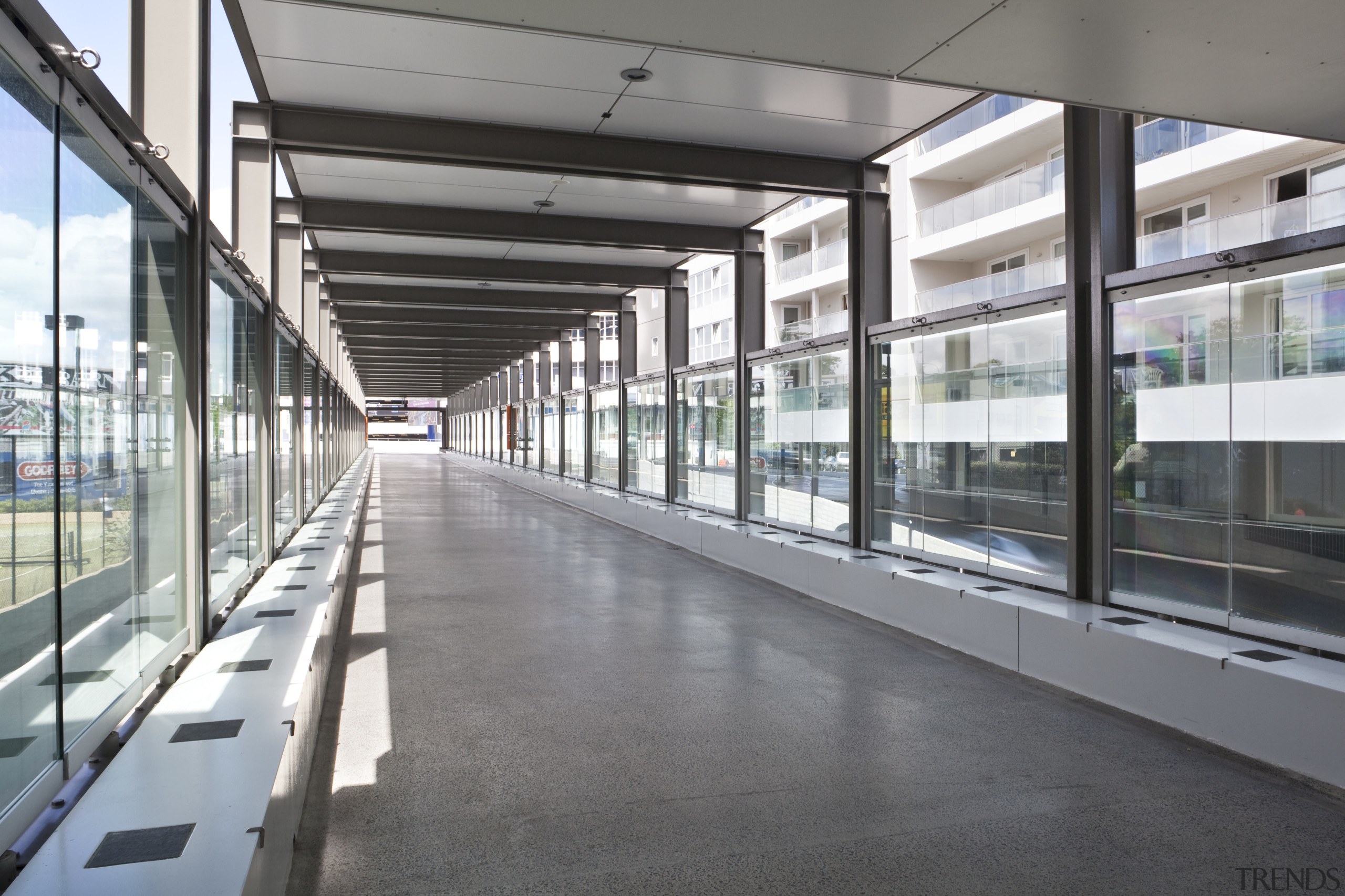 View of the corridor at the upgraded Newmarket airport terminal, building, daylighting, metropolitan area, public transport, structure, gray, white