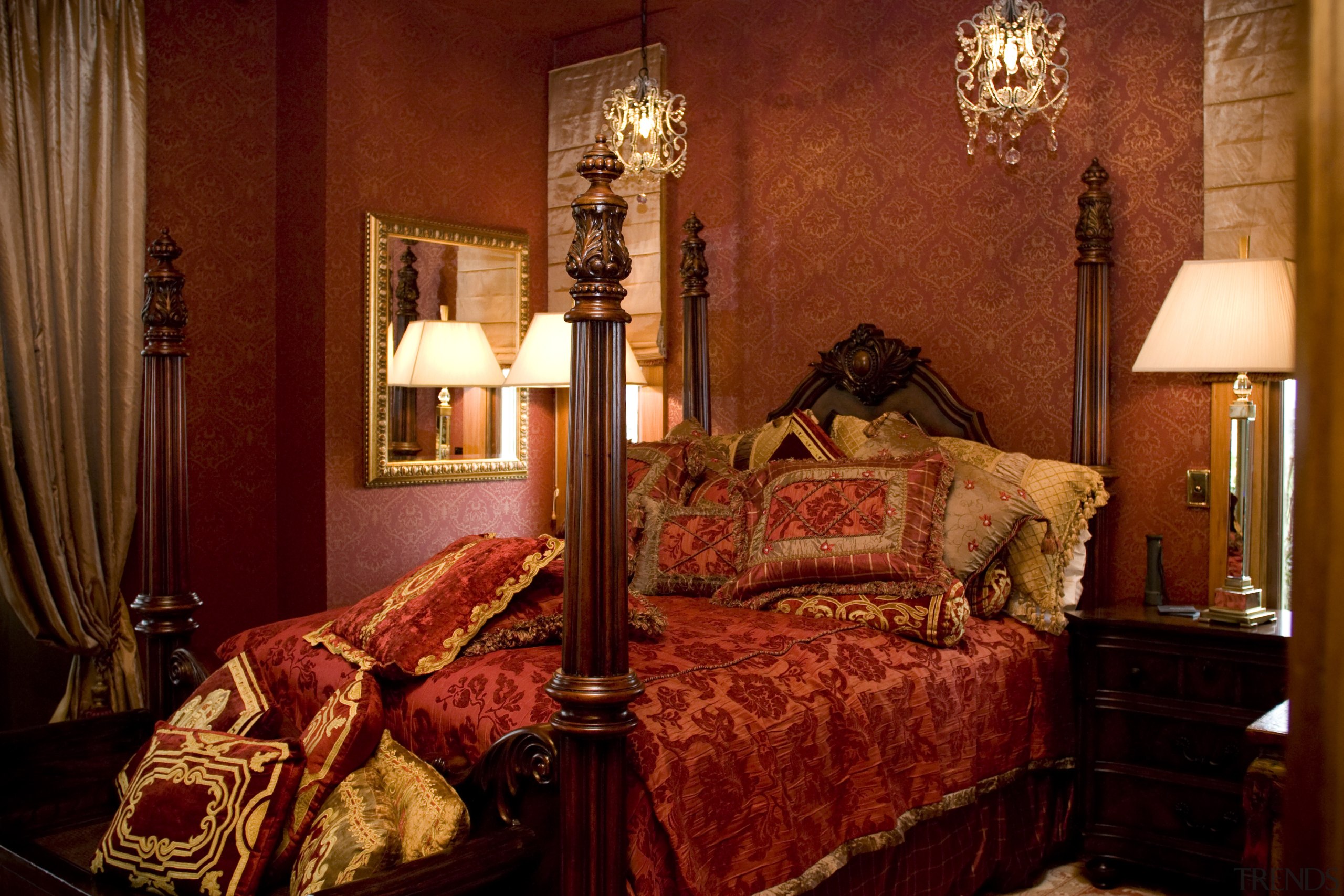 View of a bedroom with a Victorian-styled four-post bed, bedroom, furniture, home, interior design, lighting, room, suite, textile, window, red