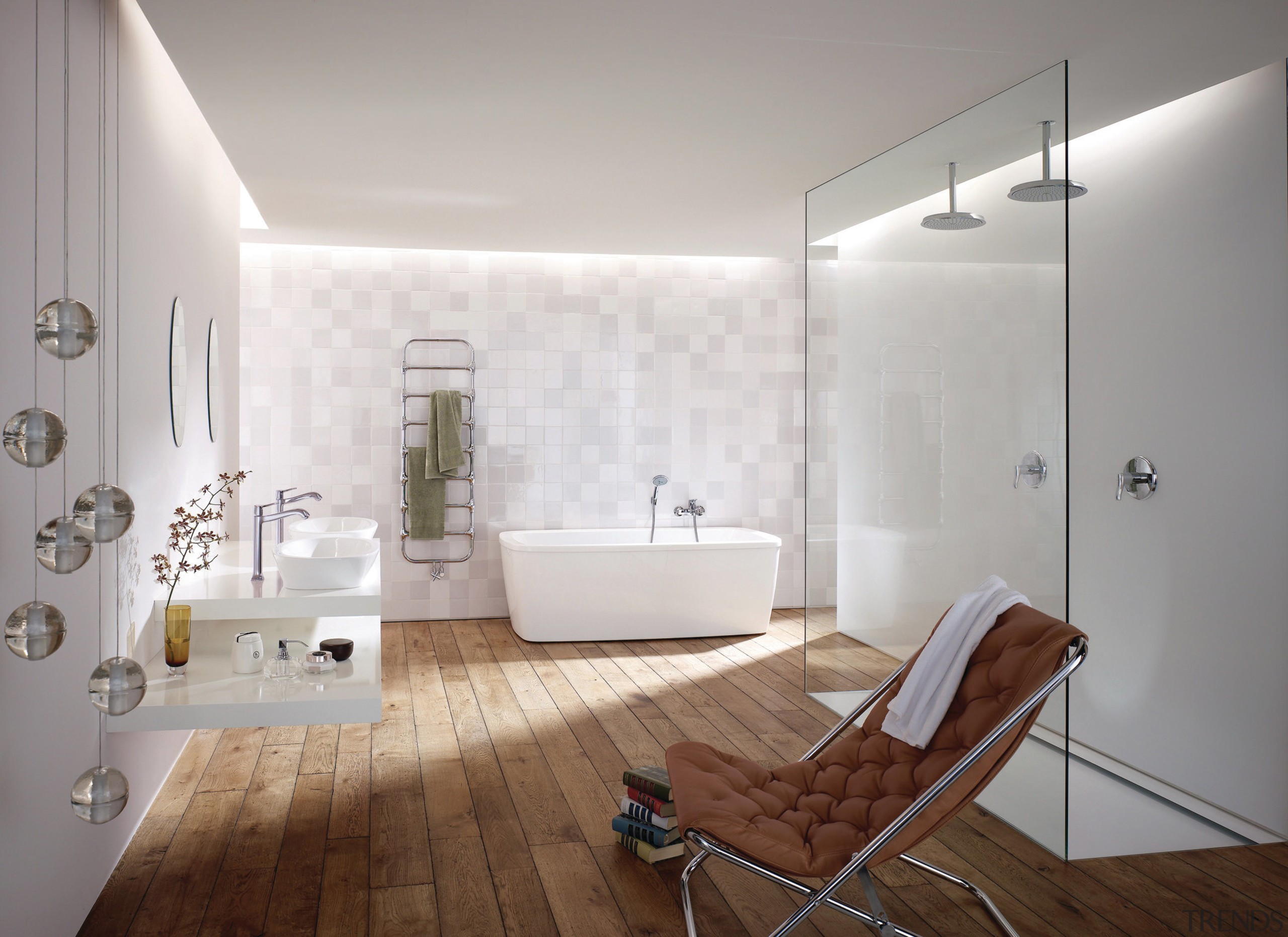 The Metris Classic collection by Hansgrohe, available from architecture, bathroom, ceiling, daylighting, floor, flooring, home, interior design, plumbing fixture, product design, real estate, room, tile, wall, wood flooring, gray