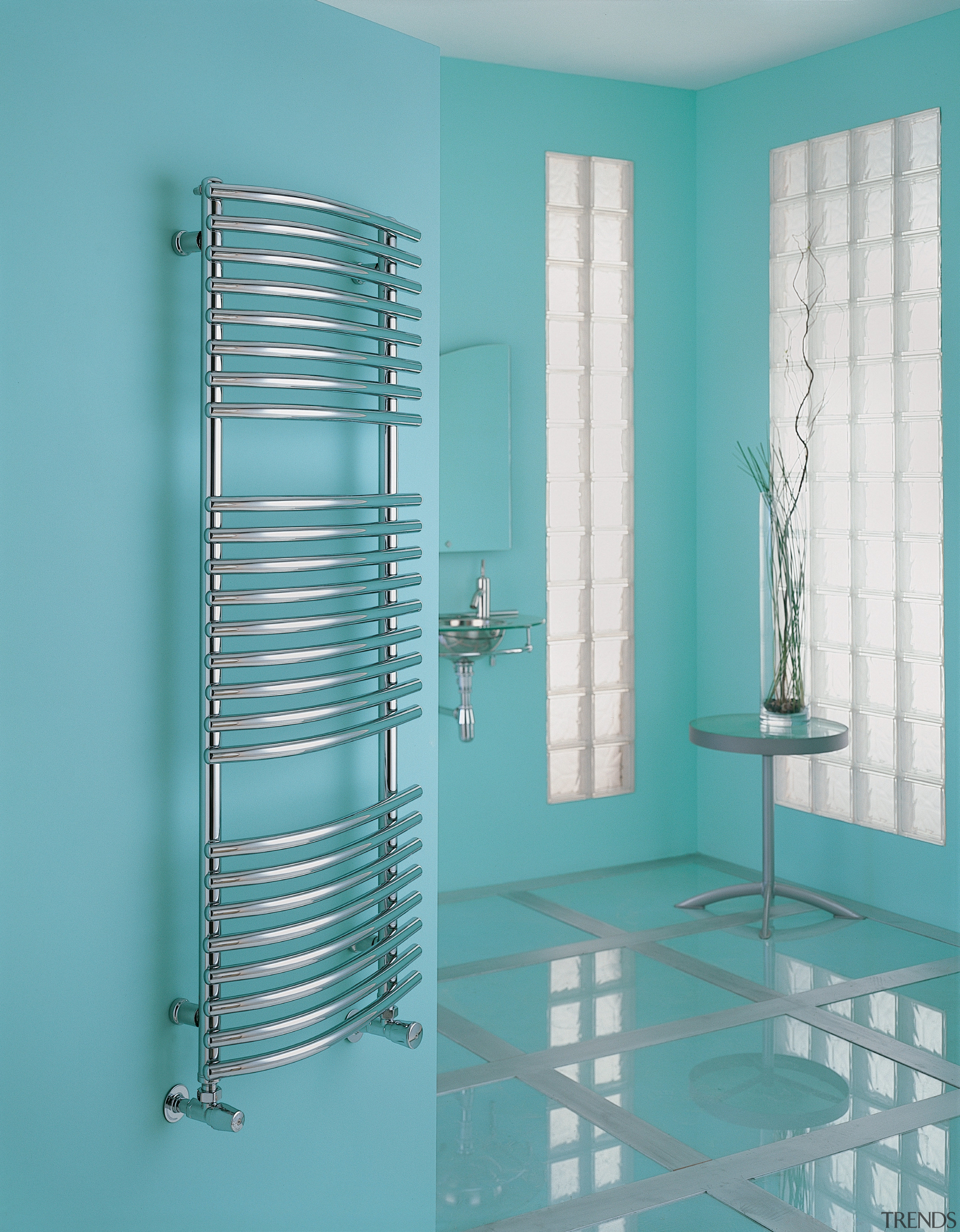 View of the towel rail from Myson Inc glass, product, product design, structure, window covering, teal