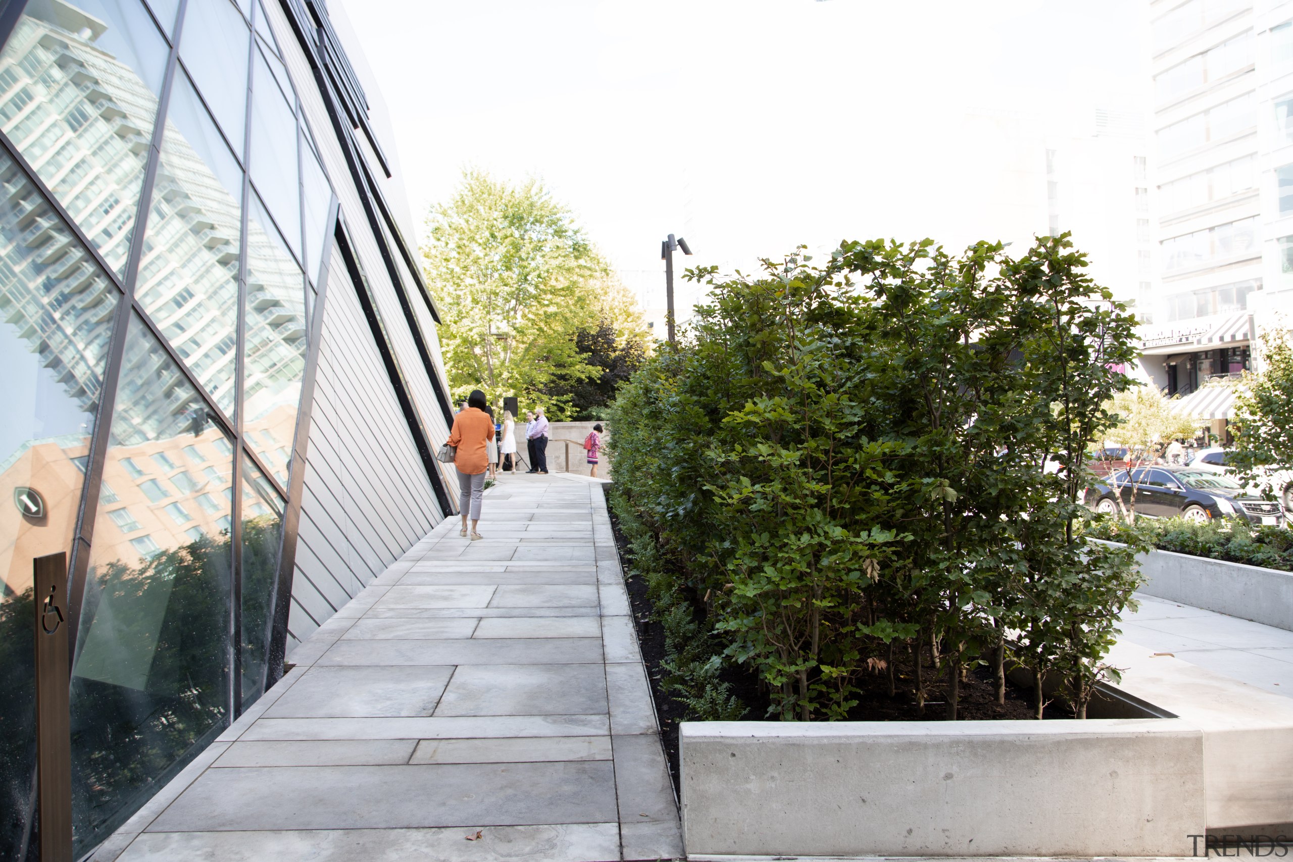 The new Helga and Mike Schmidt Performance Terrace architecture, botany, building, garden, house, plant, real estate, residential area, shrub, tree, urban area, urban design, walkway, white