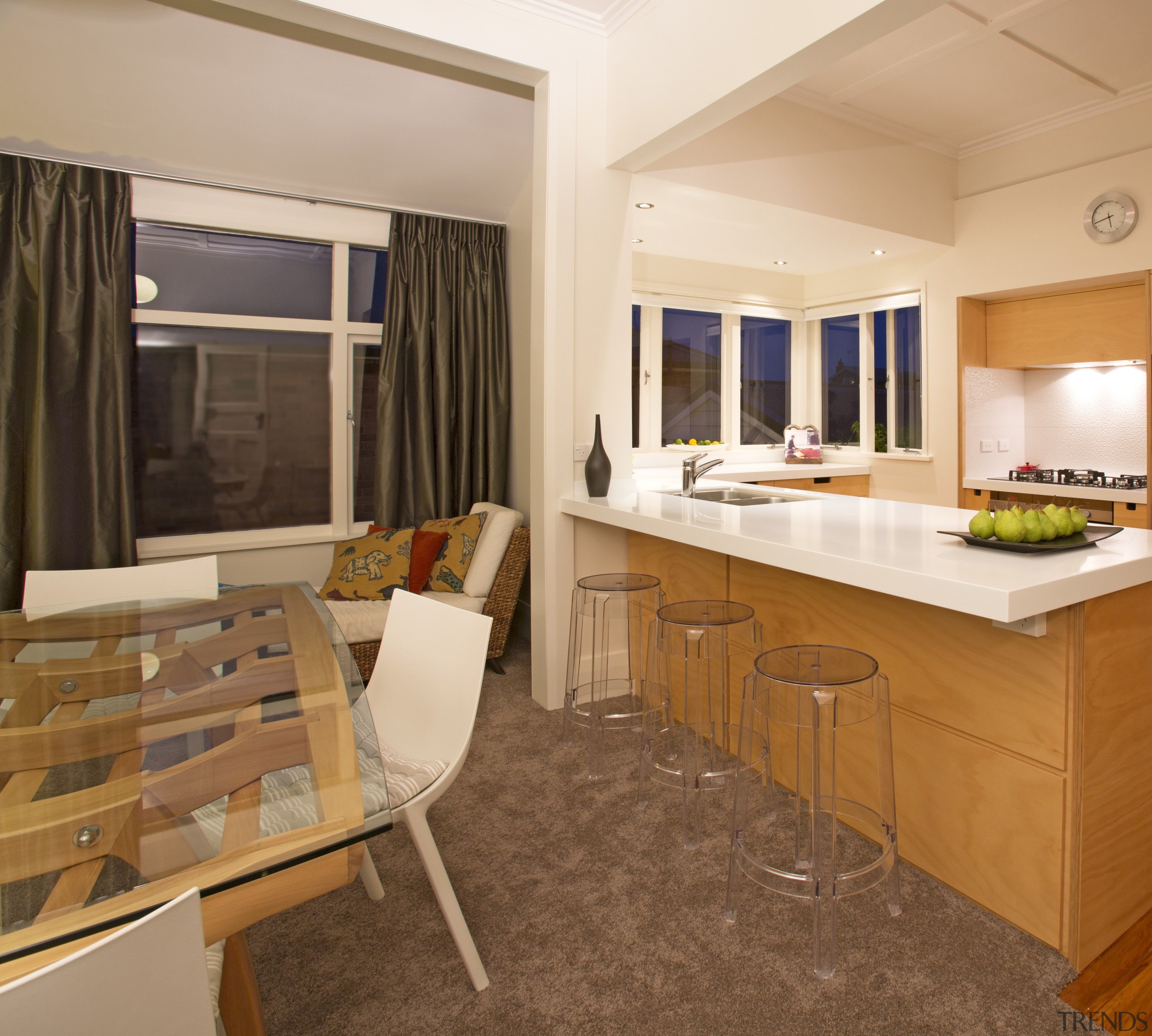 Toni Roberts kitchen with Fisher &amp; Paykel appliances. countertop, floor, flooring, interior design, kitchen, real estate, room, suite, orange, brown