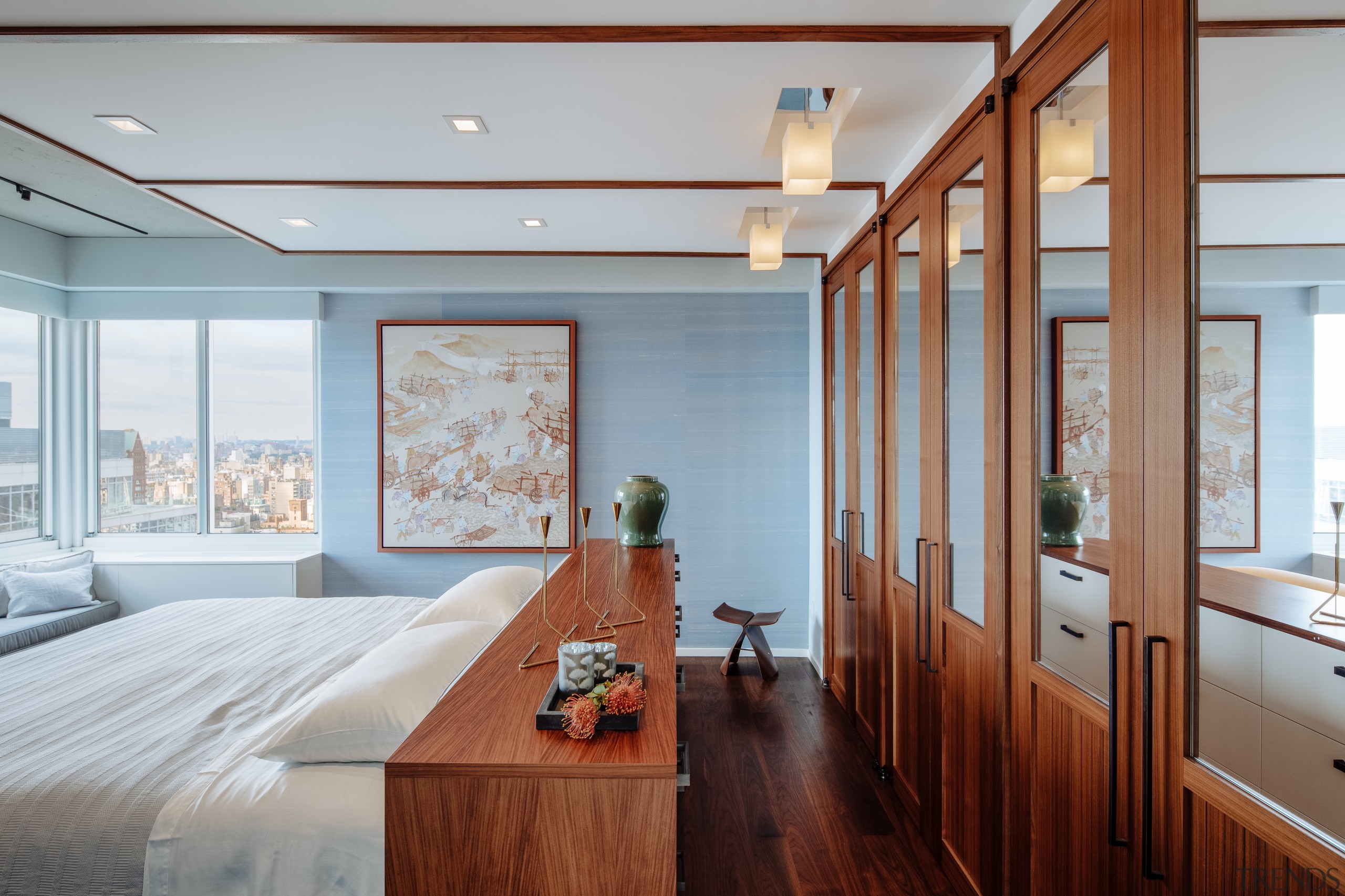 ​​​​​​​A major fault of this apartment’s existing layout architecture, bedroom, design, glass doors, floor, flooring, furniture, hardwood, home, penthouse, interior design, Andrew Wilkinson