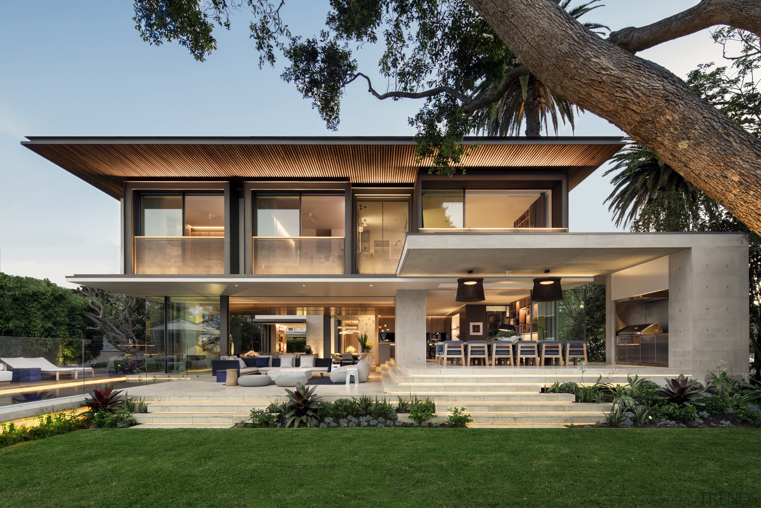 ​​​​​​​Cantilevered ceilings on this new home protect and architecture, elevation, facade, home, house, window, gray, contemporary, SAOTA